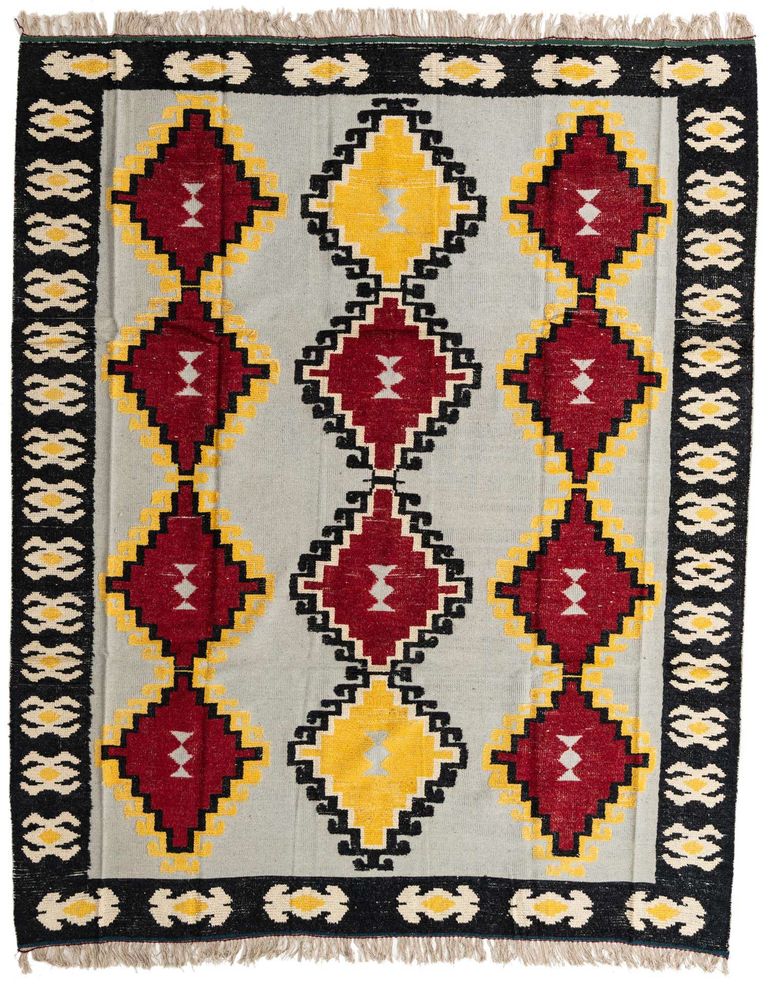 A rectangular 8x10 Darya rug with a light blue background, featuring large red and yellow abstract diamond patterns, bordered by a black band with cream accents.