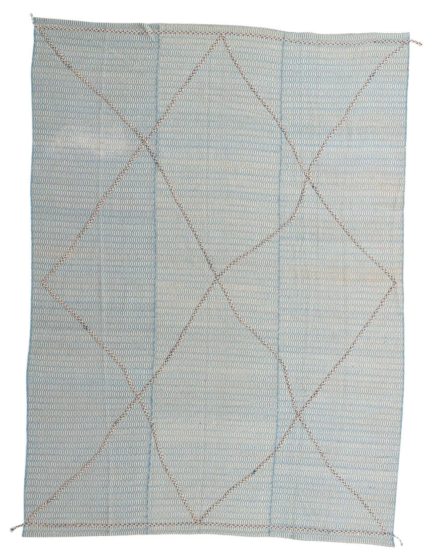 A large 10x14 rectangular light blue wool rug with a subtle textured pattern and a geometric diamond design.
