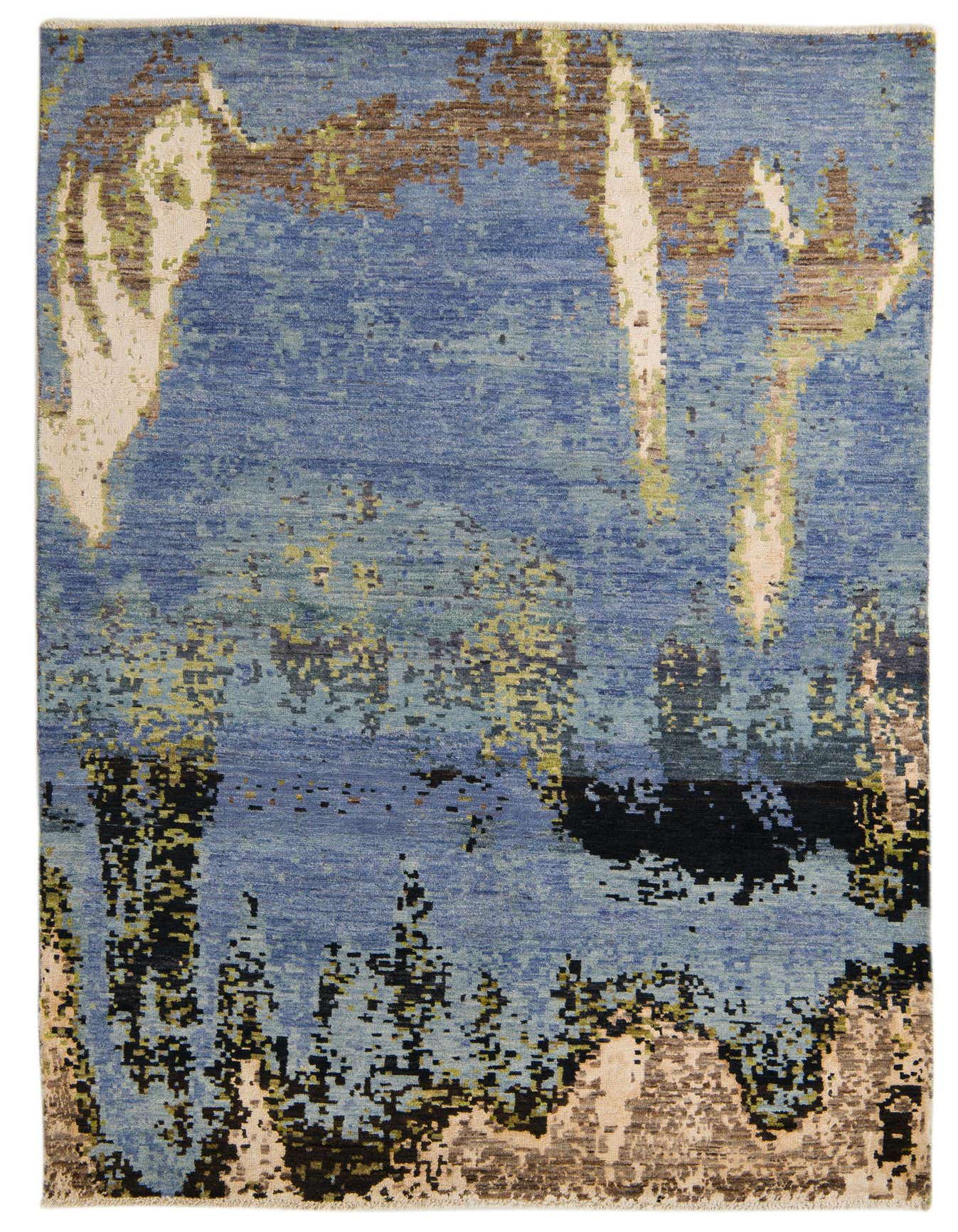 A 6x9 rectangular Darya rug with an abstract modern pattern in shades of blue, brown, black, and cream.