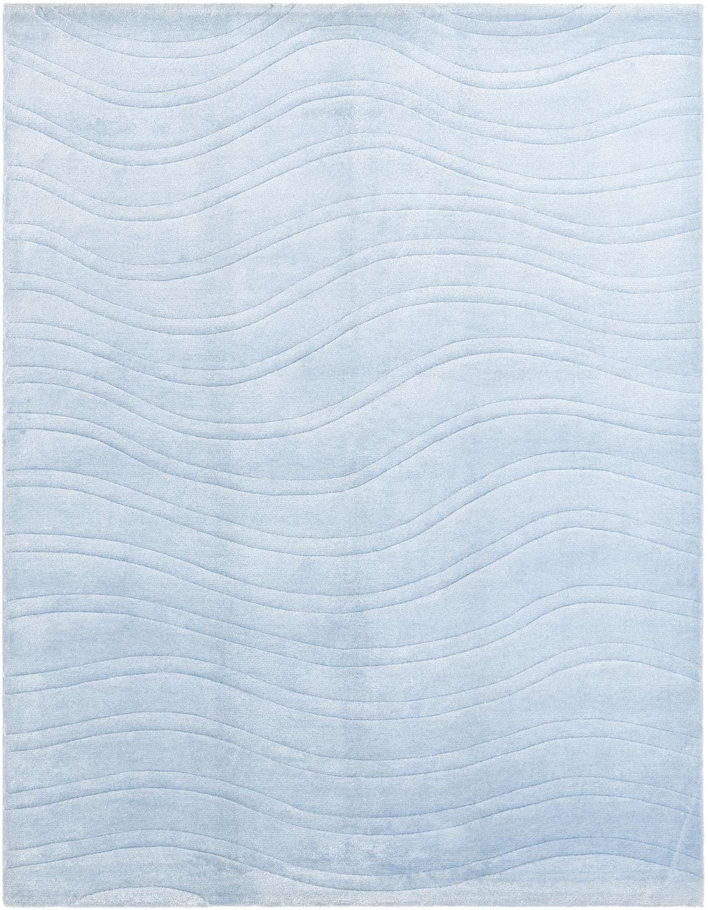 A light blue 5x8 rectangular wool area rug with a modern wavy pattern, perfect for a living room or bedroom.