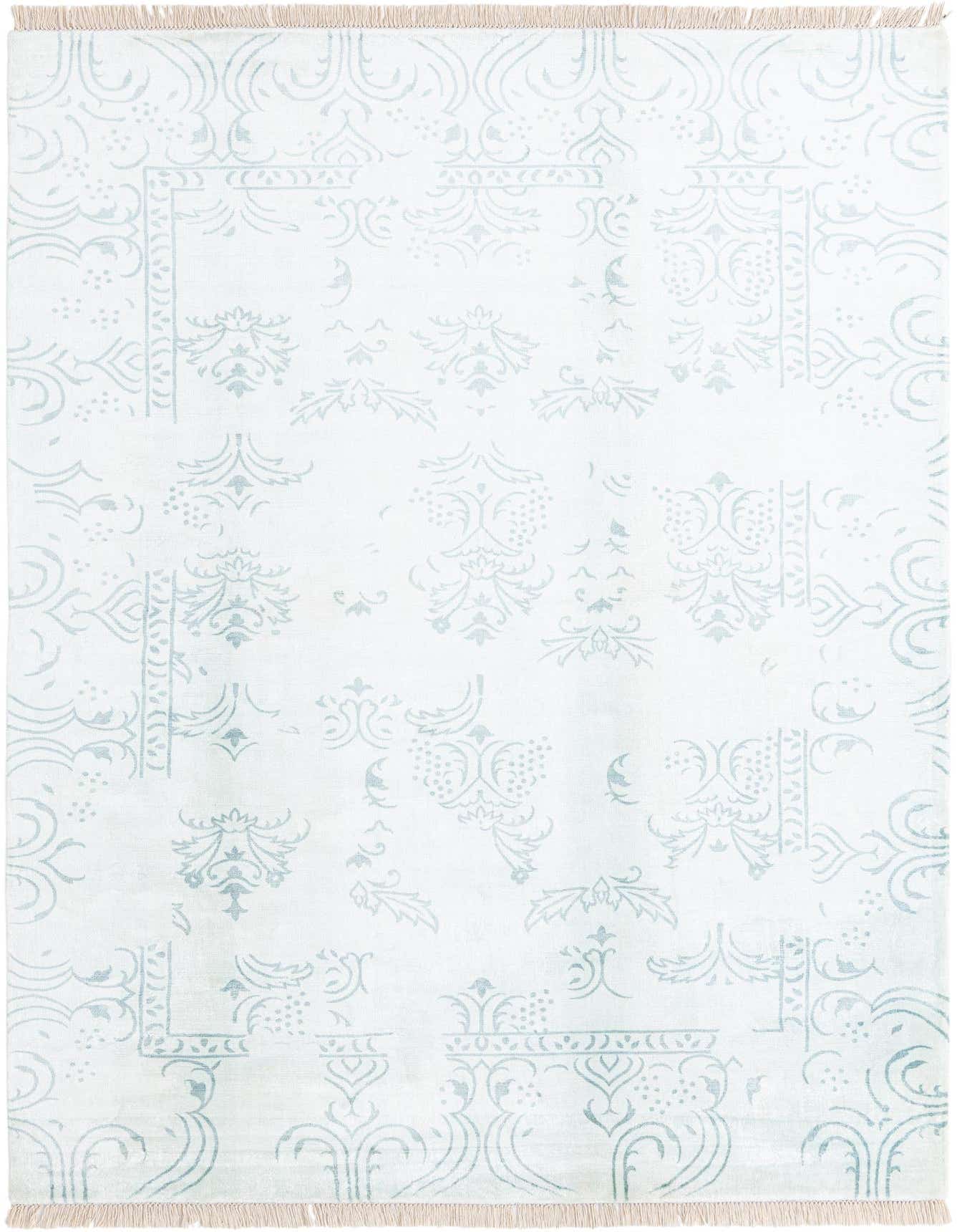 A light blue 5x8 rectangular Darya rug with a subtle modern oriental pattern and fringe on a white background.