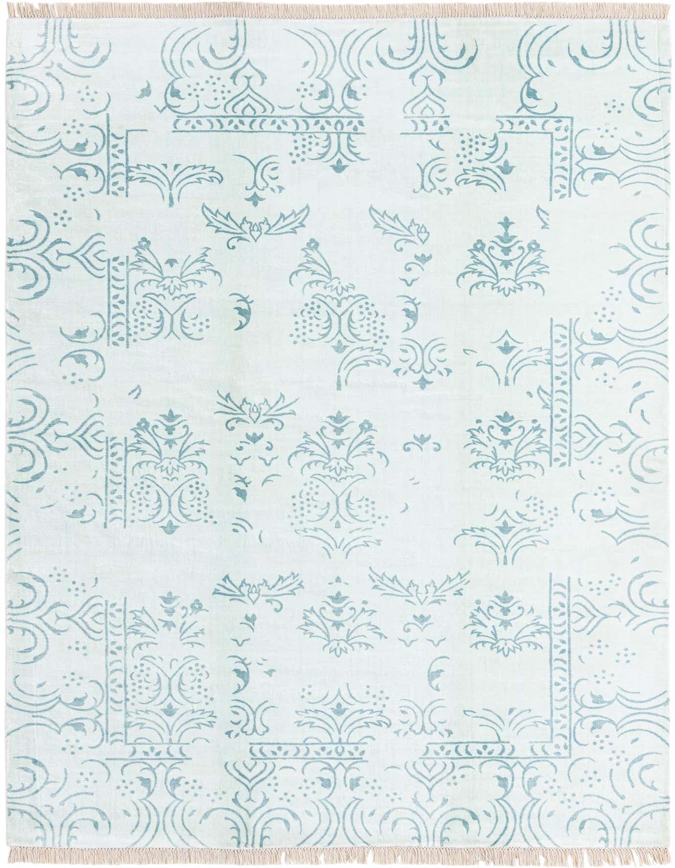 A 5x8 rectangular Darya rug with a light blue modern oriental pattern and fringe on a white background.