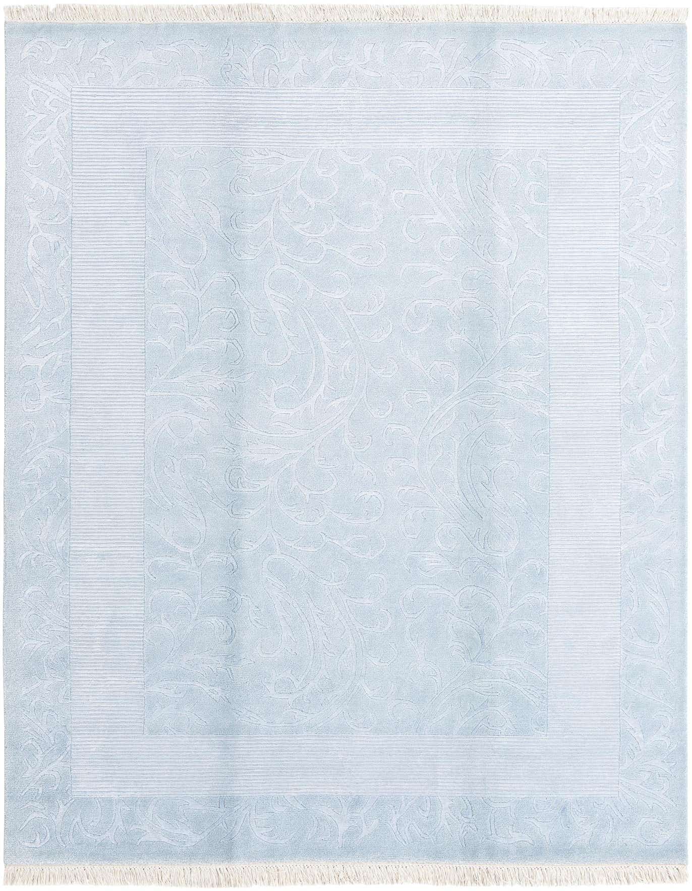 A 5x8 rectangular light blue wool rug with a subtle modern oriental pattern and fringe edges.