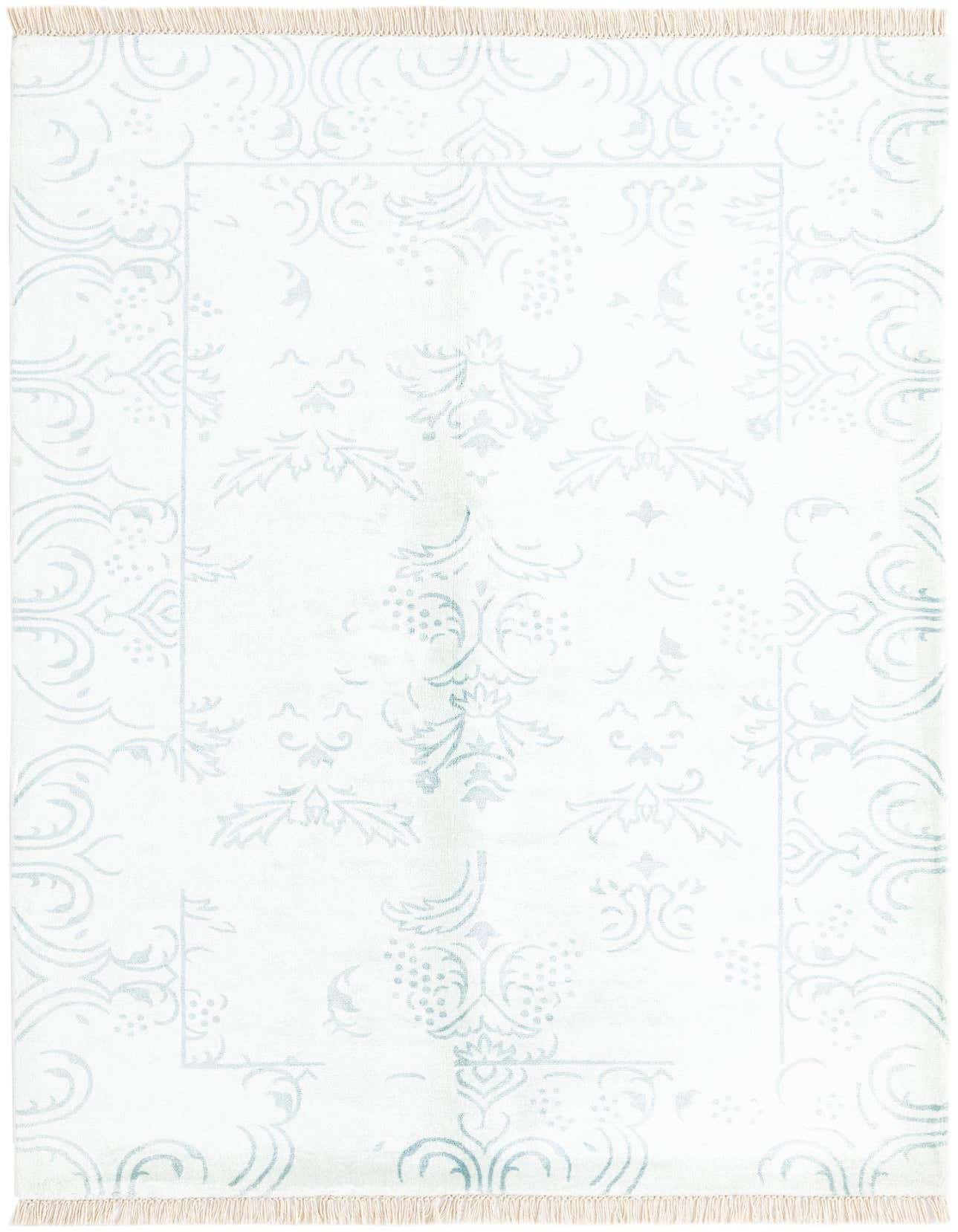 A 3x5 rectangular Darya rug with a light blue modern Persian pattern on a white background, featuring fringe.