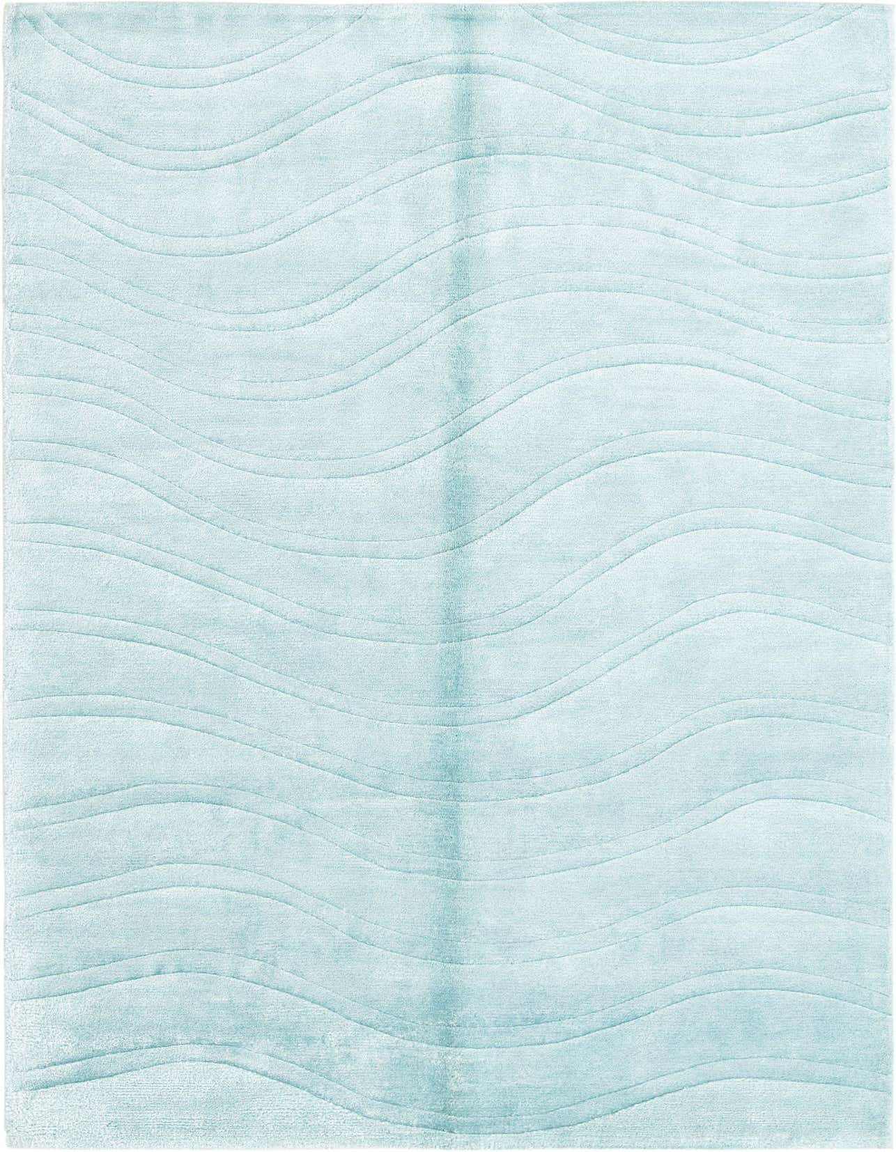 A 3x5 rectangular light blue wool and cotton rug with a modern wavy pattern, suitable for indoor use.