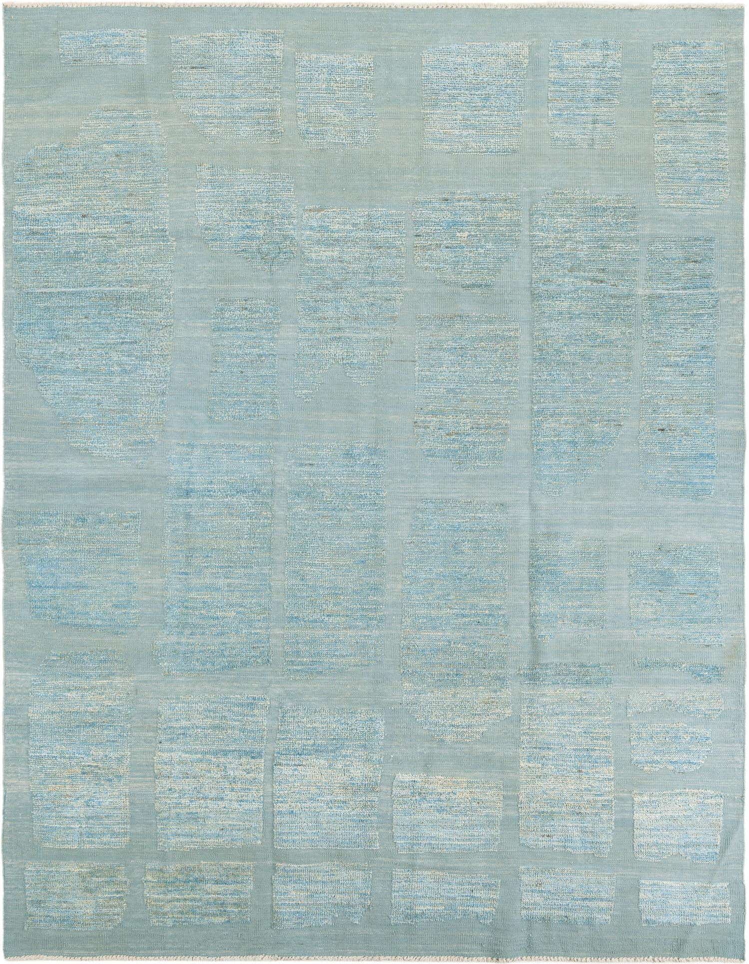 A light blue 8x11 rectangular modern wool rug with a subtle geometric pattern of varying blue shades.