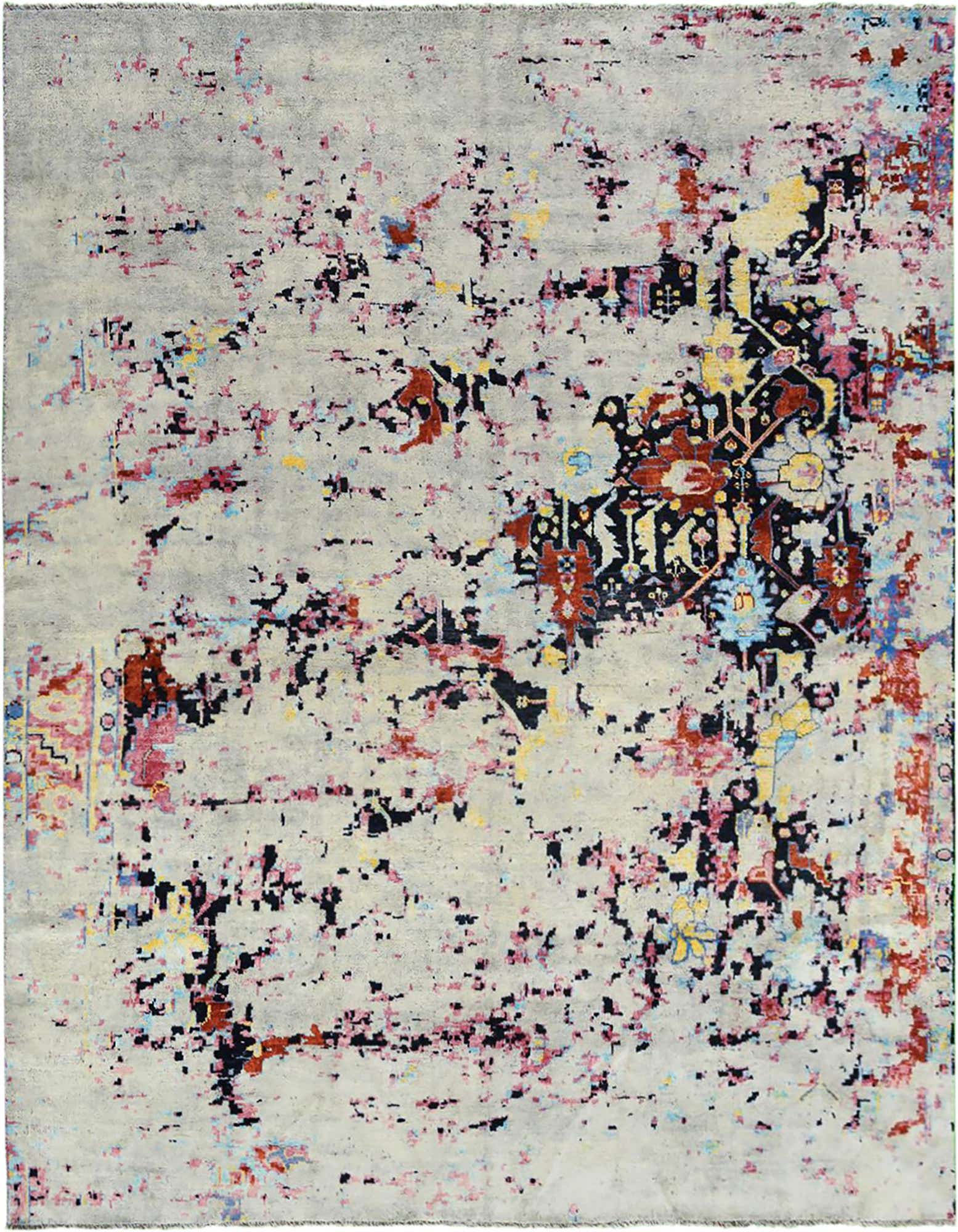 A large 12x15 rectangular Darya rug with a modern abstract pattern in light blue, red, pink, yellow, and black on a light gray background.