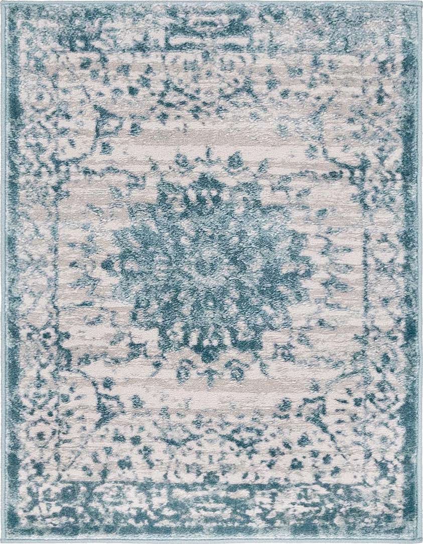 A 2x3 rectangular Rugs.com Derbyshire rug featuring a faded blue medallion and border on a light beige background.