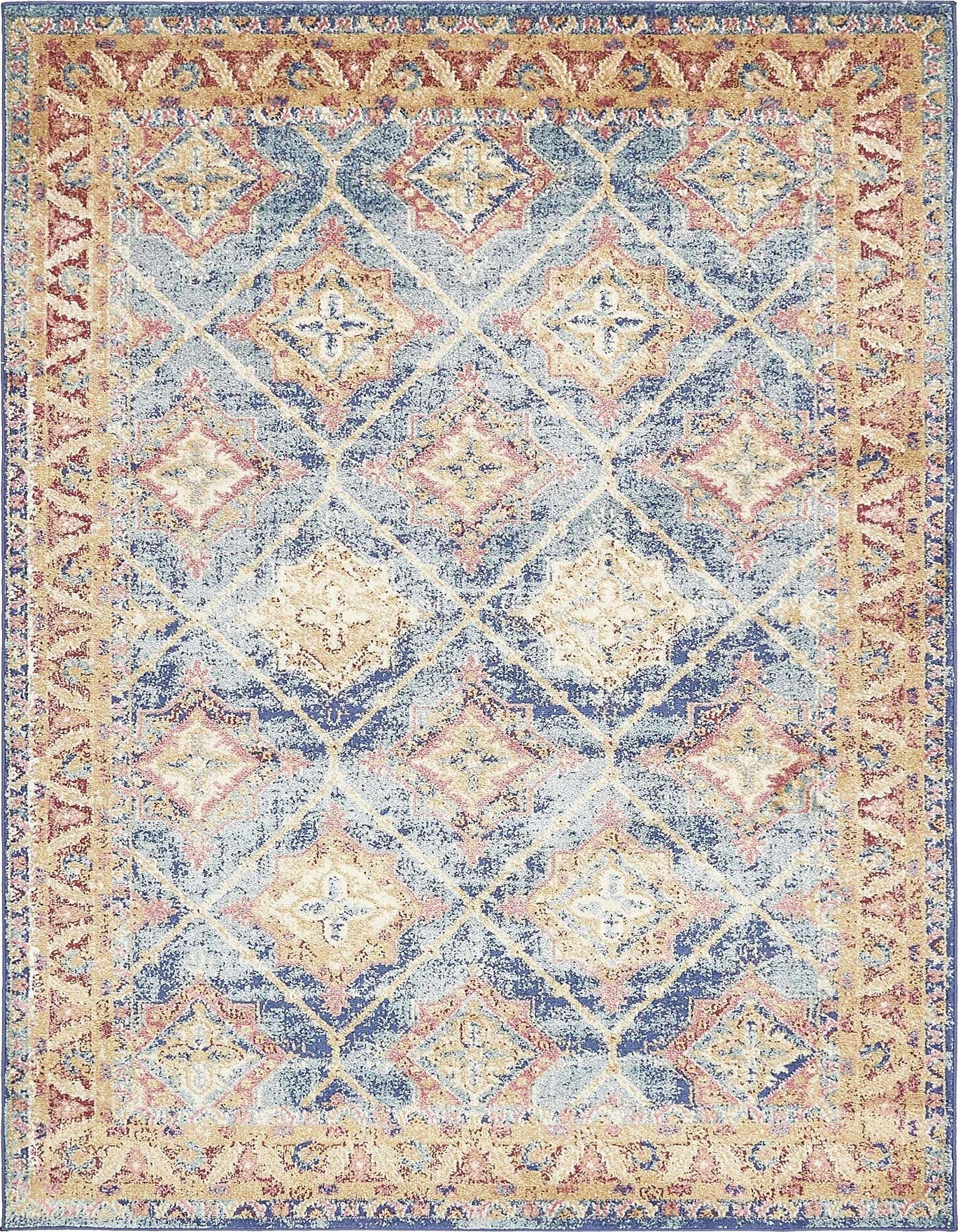 A 5x8 rectangular Eden collection rug featuring a distressed traditional botanical pattern in shades of blue, gold, and hints of red.