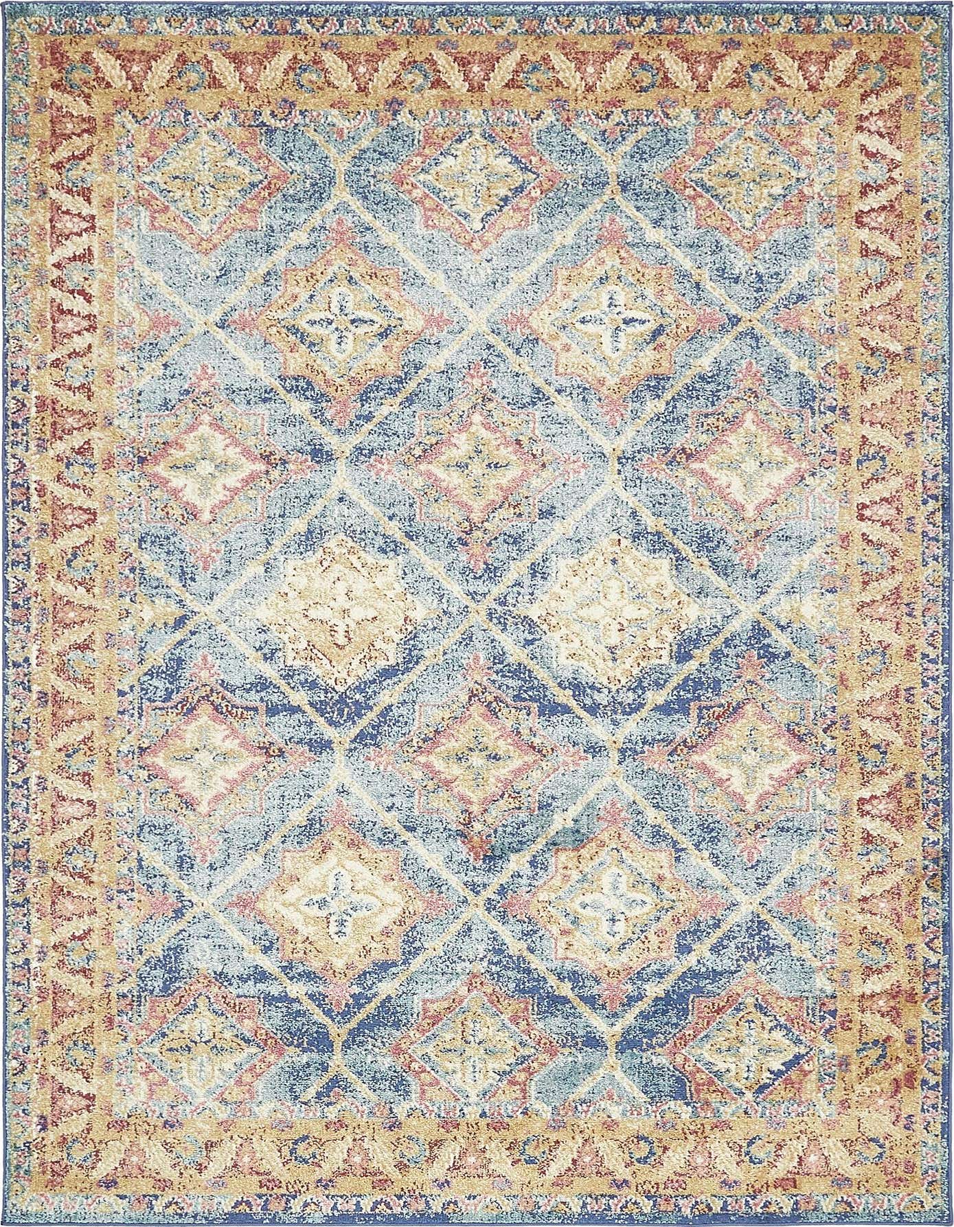 A 5x8 rectangular Eden collection rug featuring a distressed traditional botanical pattern in shades of blue, gold, and red.