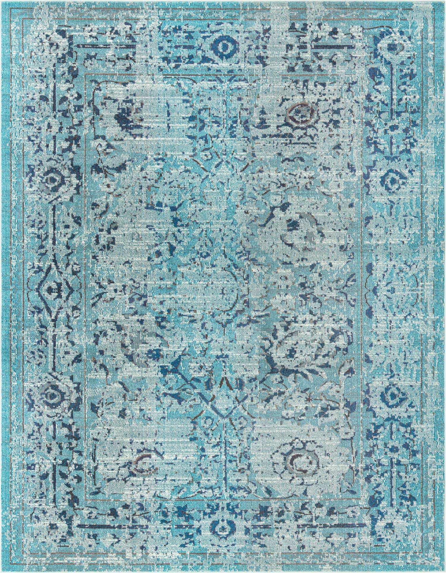 A 9x12 rectangular light blue area rug with a distressed Bohemian floral pattern in shades of blue and white.