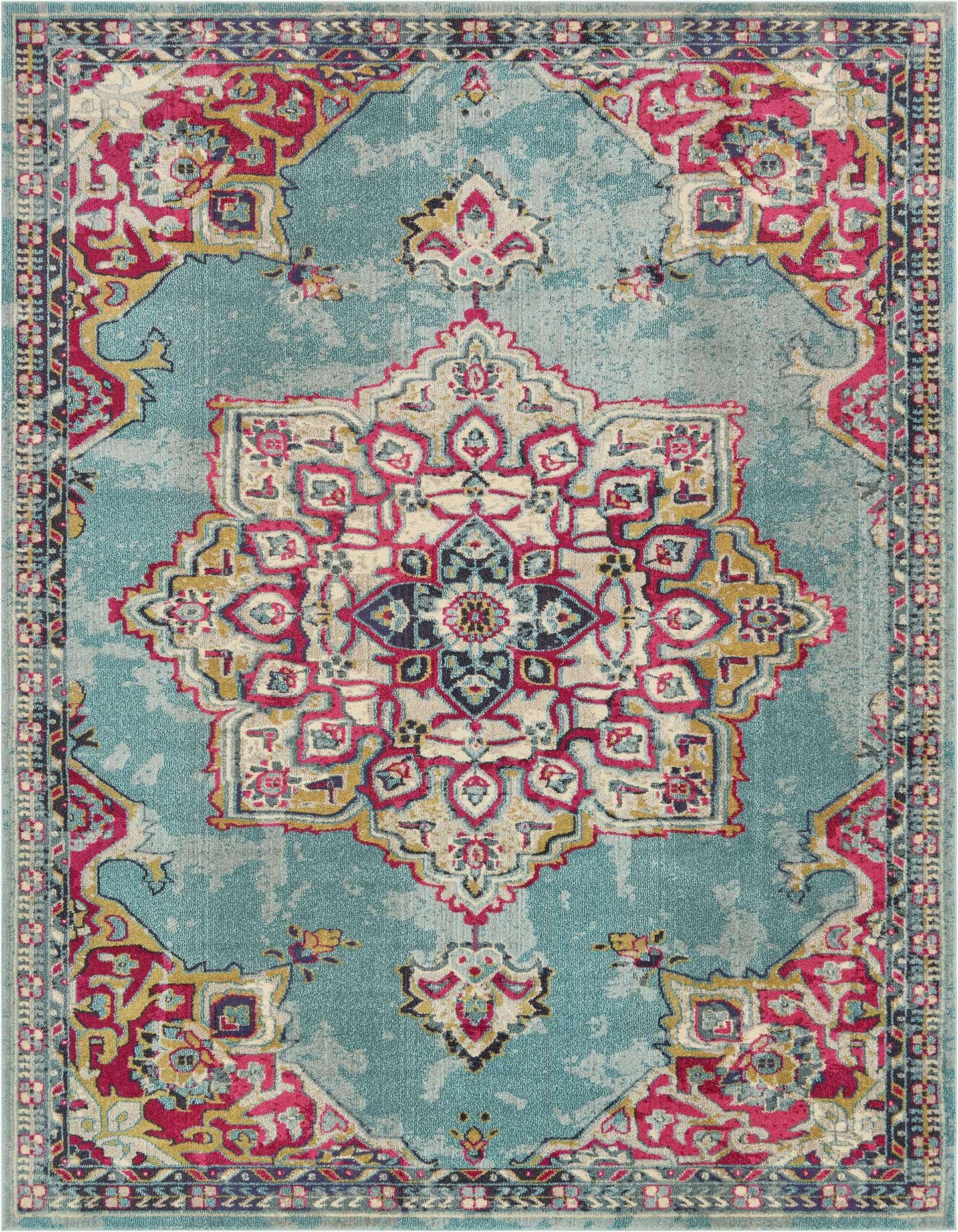 A 9x12 rectangular light blue area rug with a distressed Bohemian medallion pattern in pink, yellow, and navy.