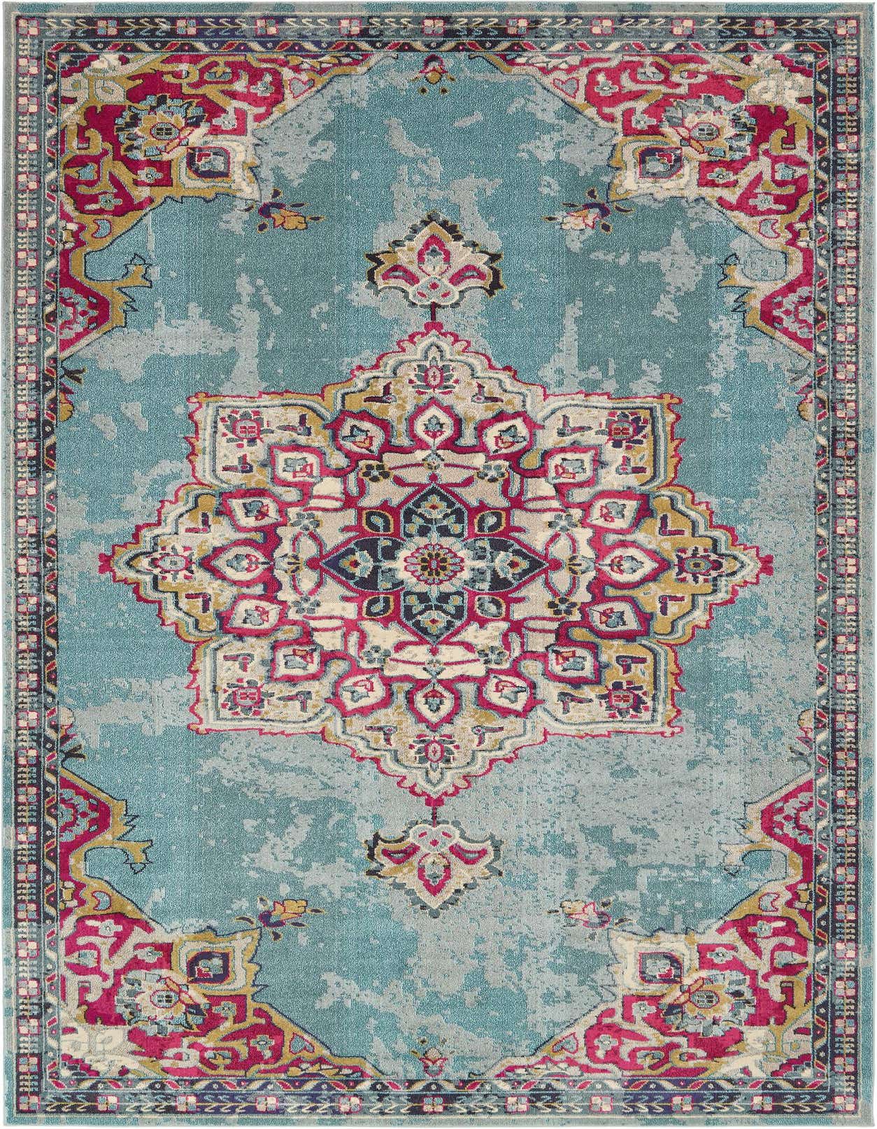 A rectangular light blue palace rug with a distressed look, featuring a vibrant medallion and botanical patterns in fuchsia, gold, and navy.