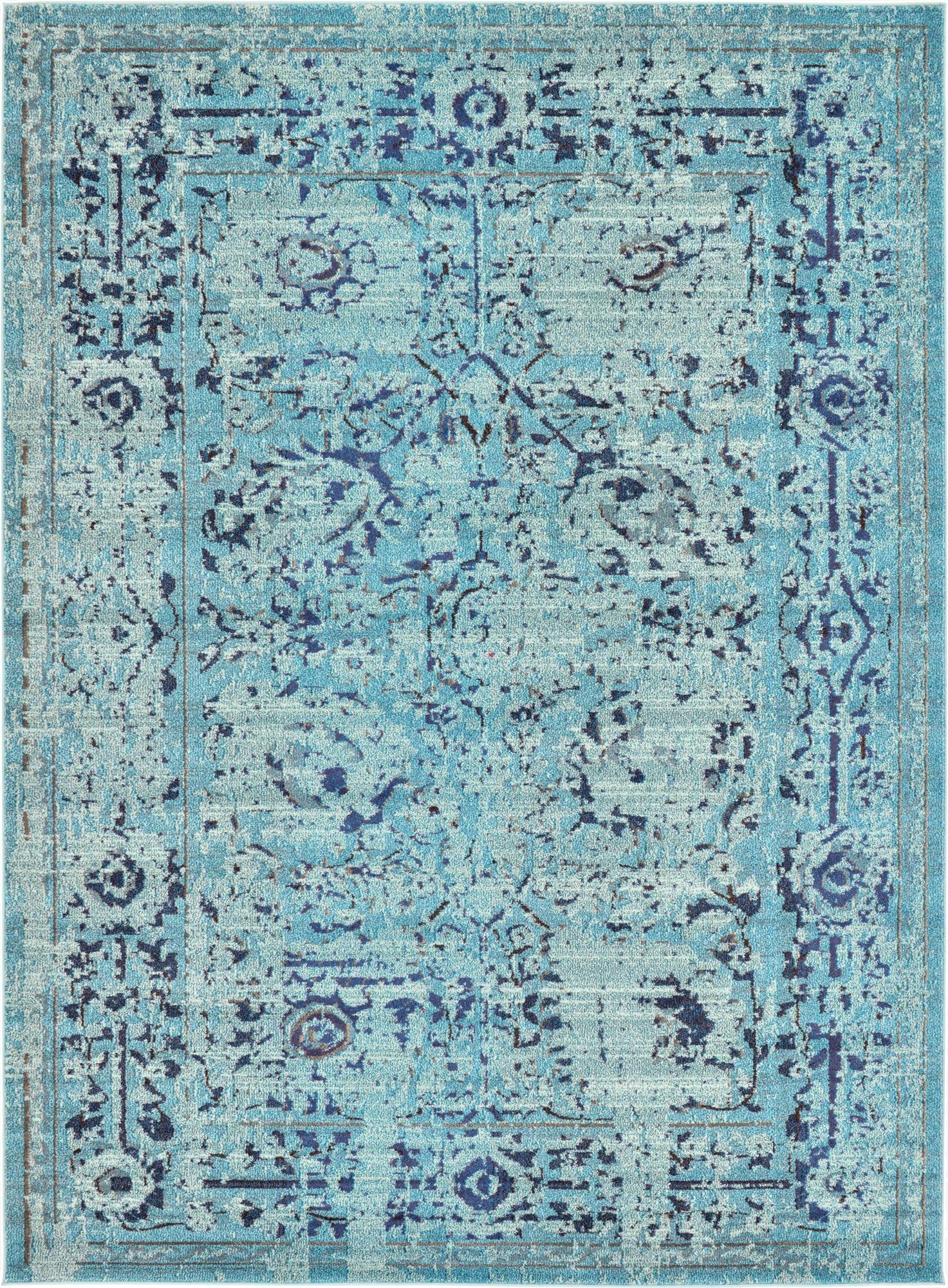 A rectangular 8x11 light blue area rug with a distressed traditional floral and botanical pattern in darker blue tones.