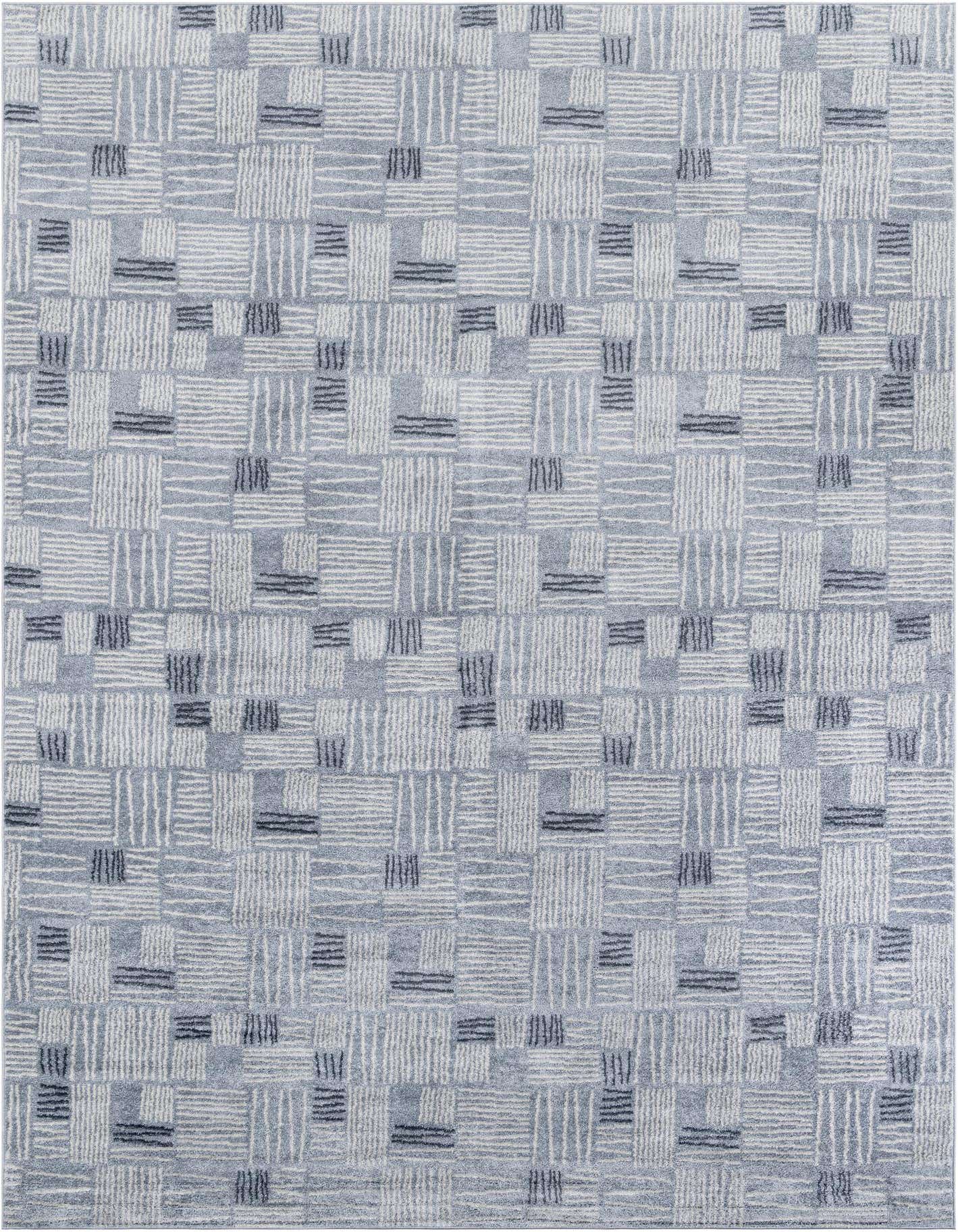 A 10x14 rectangular Hanahan rug featuring a contemporary abstract pattern in various shades of blue and white.