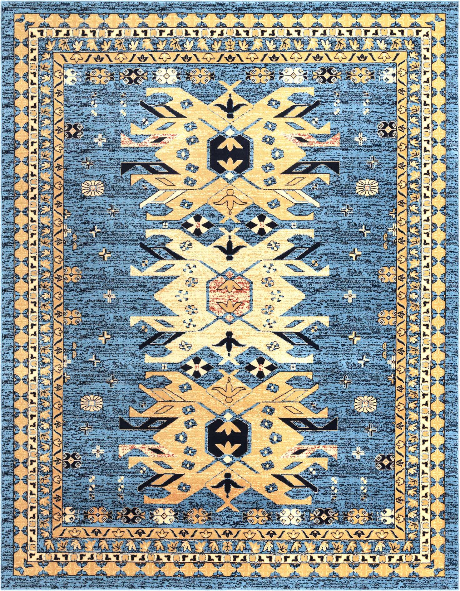 A 10x13 rectangular Heris rug featuring a light blue background with a large central gold and black tribal medallion, bordered by intricate gold patterns.