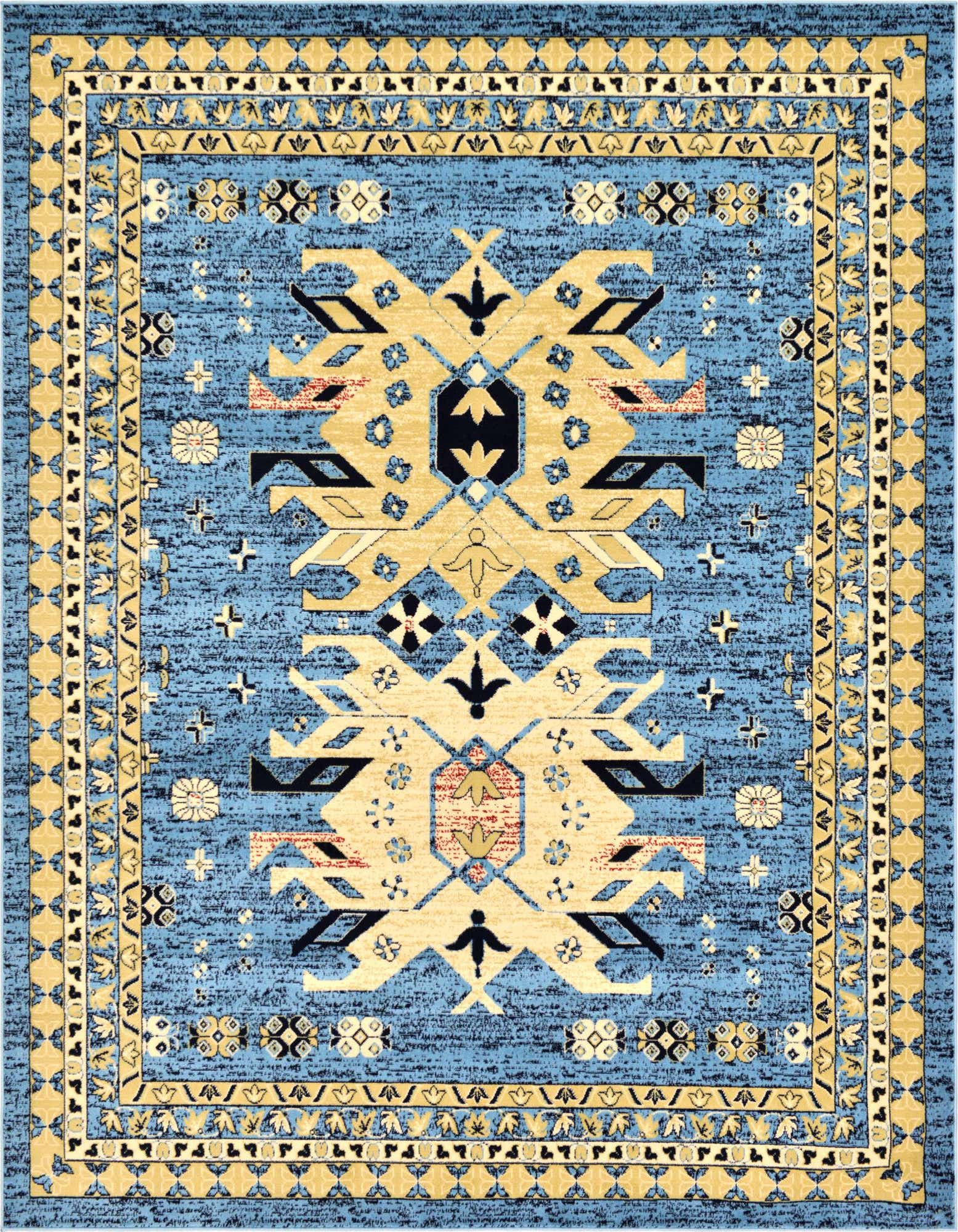 An 8x10 rectangular Heris rug featuring a light blue field with a large central medallion and intricate tribal patterns in beige, black, and red, framed by a detailed border.