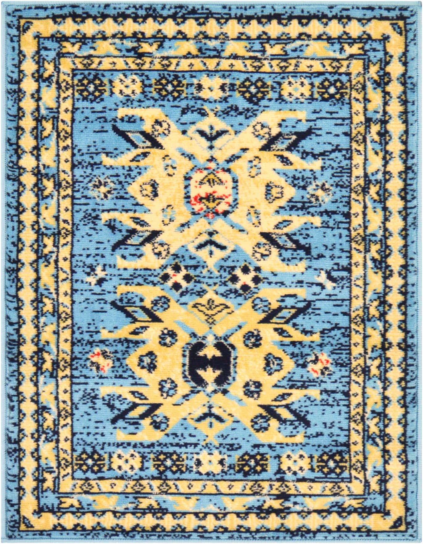 A 2x3 rectangular Heris rug featuring a light blue background with a distressed yellow medallion and tribal patterns.