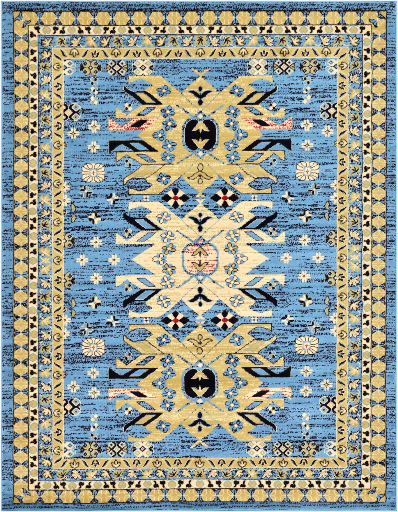 A 6x9 rectangular Heris rug featuring a traditional Southwestern medallion pattern in light blue, gold, and black.