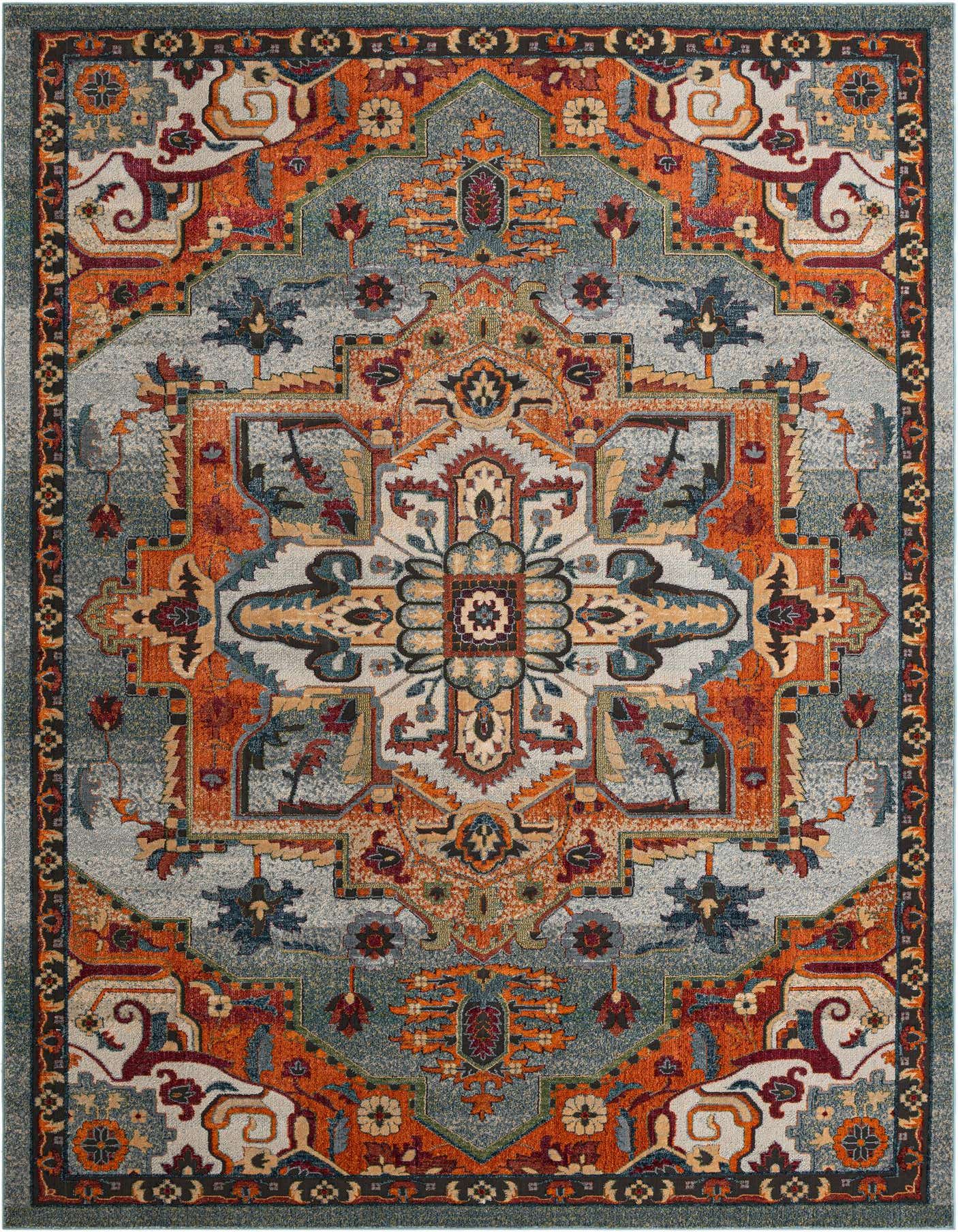 A 10x14 rectangular Isabella collection rug featuring a complex traditional pattern in shades of blue, orange, and cream.