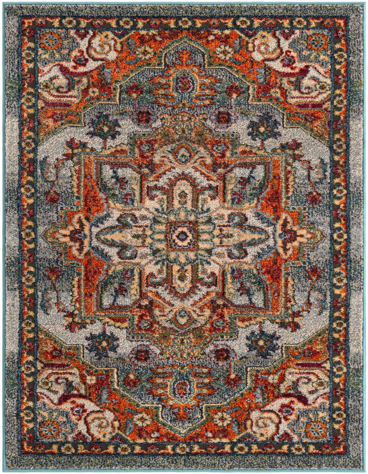 A rectangular 3x5 indoor rug featuring a distressed traditional pattern in shades of blue, orange, and cream, with a medium pile.