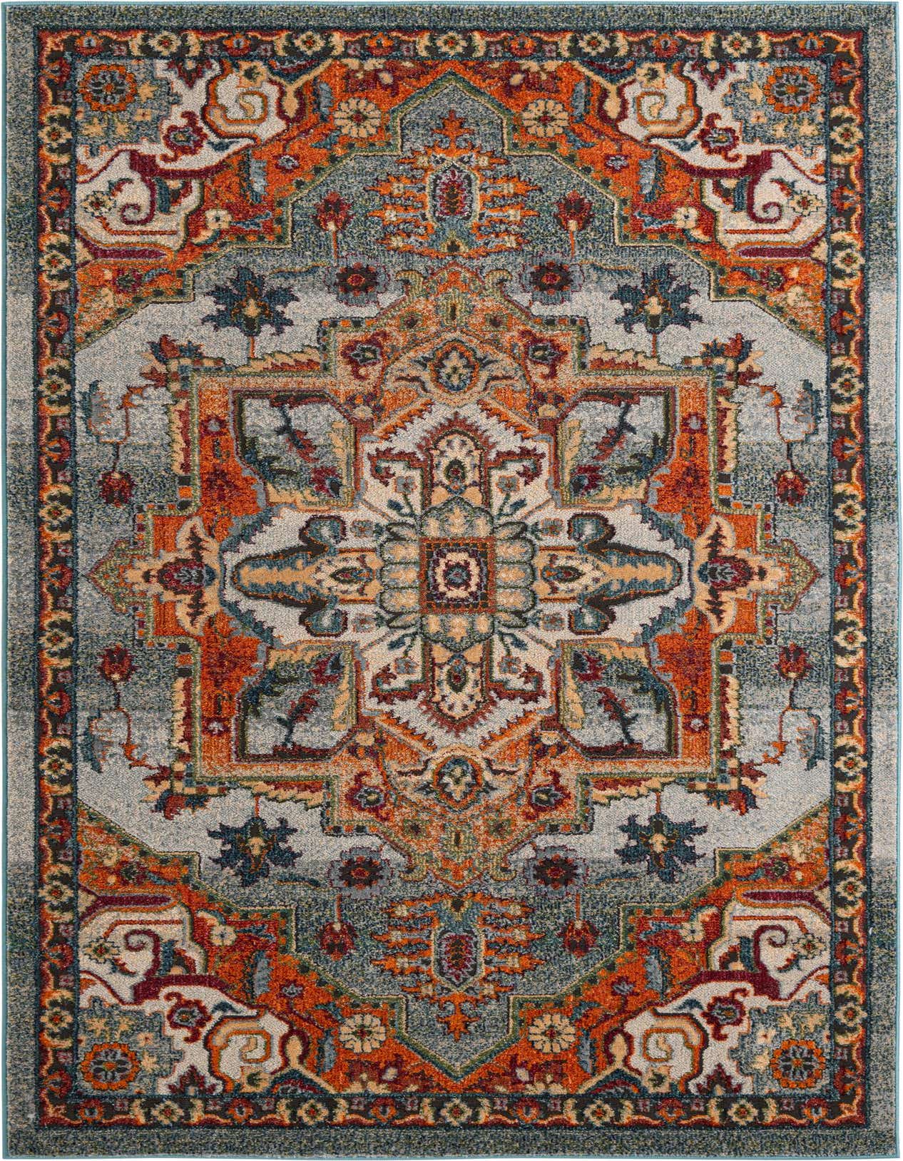 A 5x8 rectangular Isabella collection area rug featuring a traditional medallion pattern in blues, oranges, and reds.