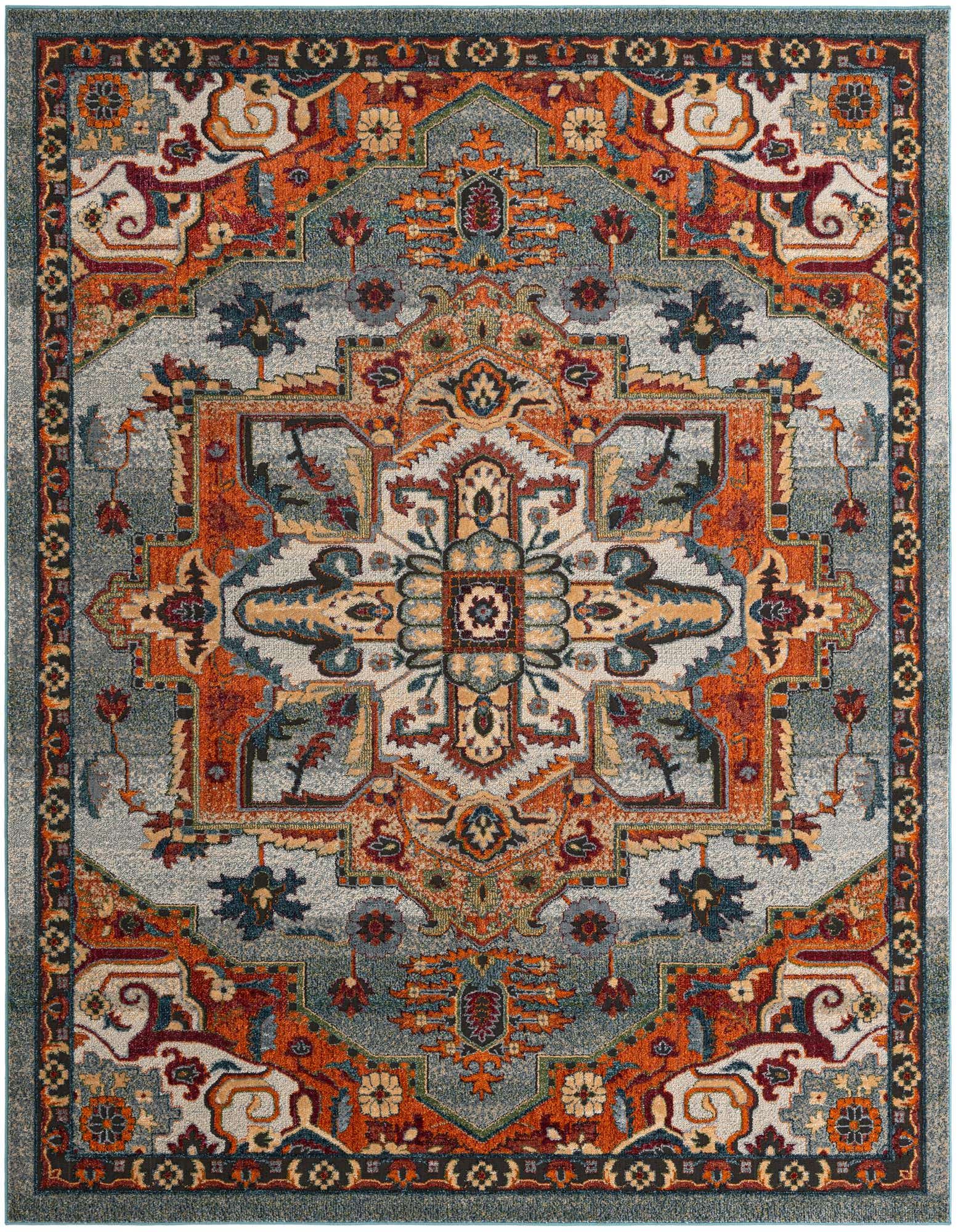 An 8x10 rectangular Isabella rug featuring a central medallion and intricate floral patterns in shades of blue, orange, red, and cream.