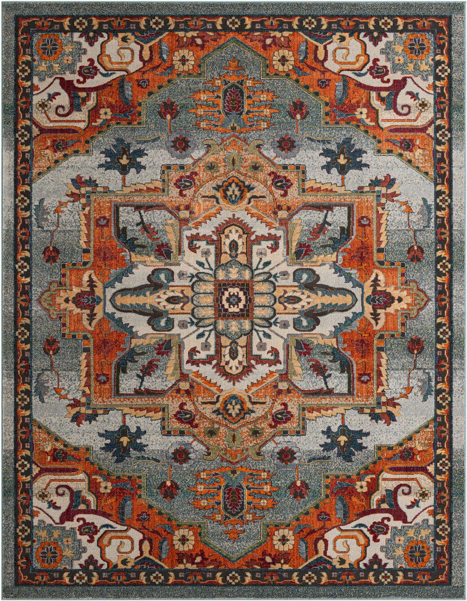 A 9x12 rectangular Rugs.com Isabella rug featuring a complex, traditional medallion pattern in blues, oranges, and creams.