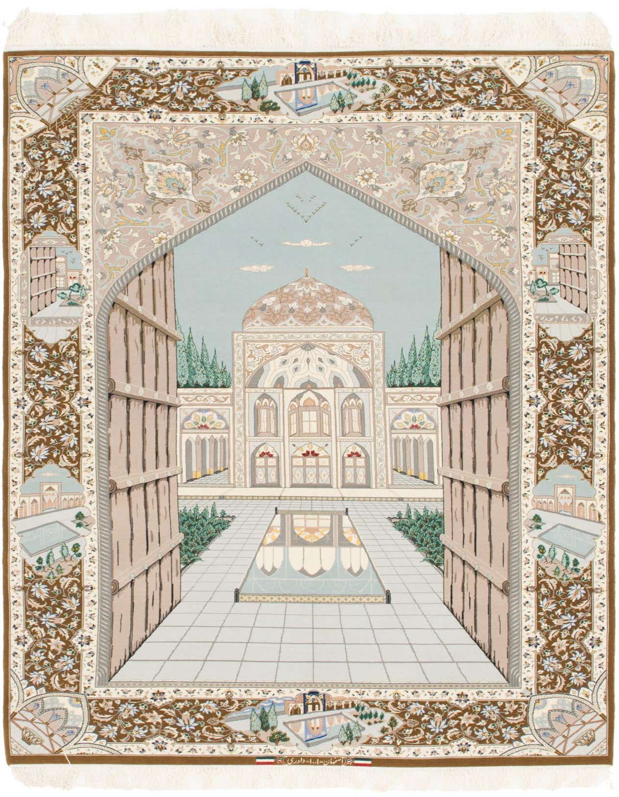 A 4x6 rectangular Persian rug featuring a light blue and brown traditional design depicting an arched entryway opening to a grand palace with a domed roof and reflecting pool.