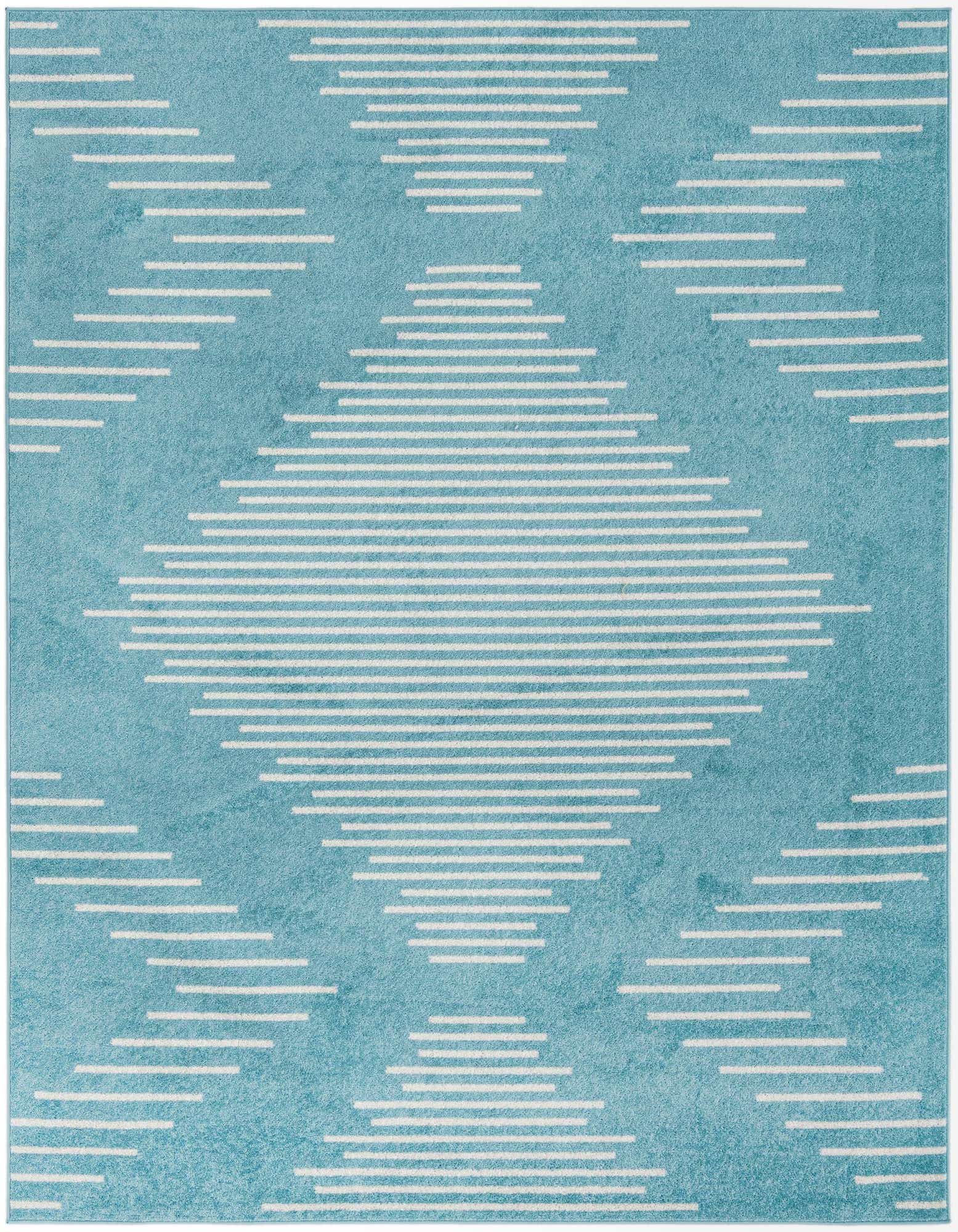 A rectangular 8x10 light blue area rug with a modern white striped diamond pattern, suitable for a living room.