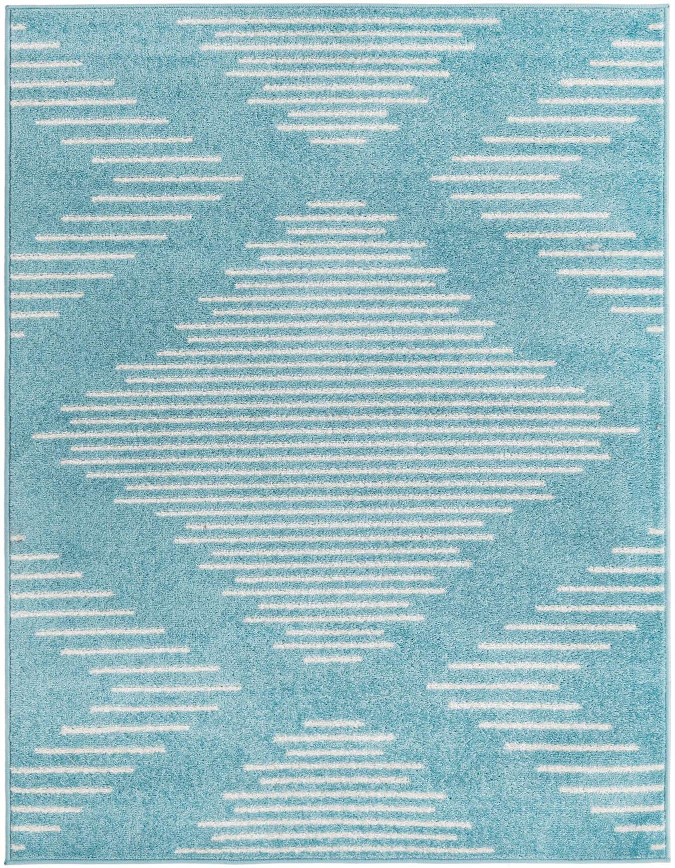 A 4x6 rectangular light blue area rug with a modern white striped diamond pattern, suitable for various indoor rooms.