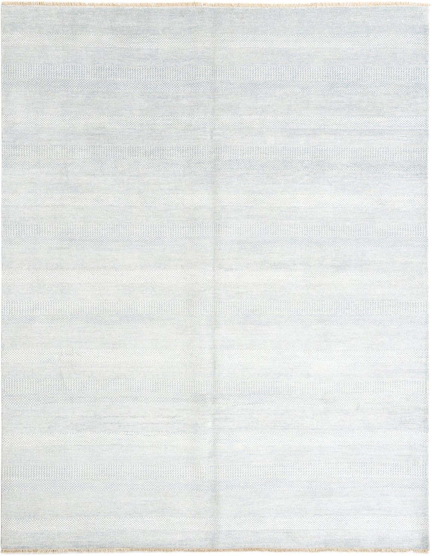 A light blue and white rectangular Persian rug with subtle striped patterns, ideal for a living room or bedroom.