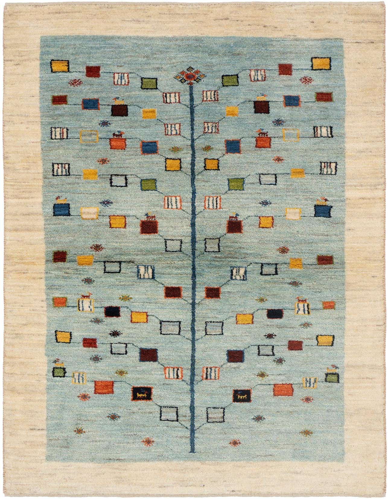 A handmade 3x5 rectangular Kashkuli Persian wool rug featuring a light blue field with a tree-of-life design and colorful square motifs, bordered by a natural ivory tone.