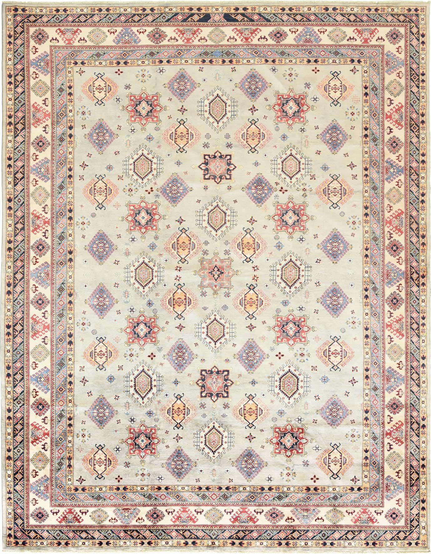 A 12x16 rectangular light blue modern oriental rug with a repeating pattern of colorful geometric motifs and a detailed border.