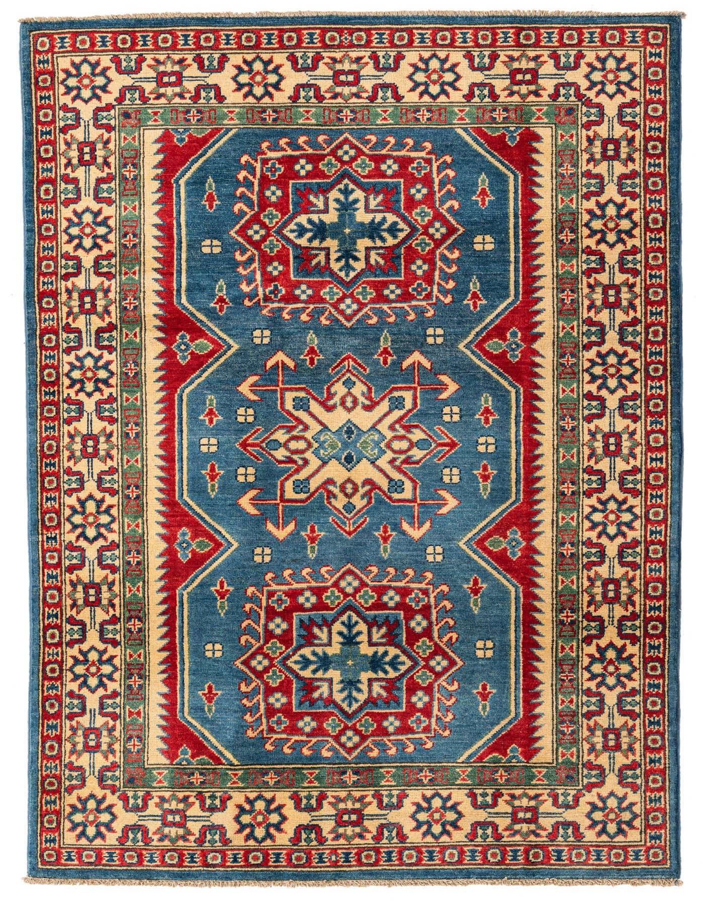 A 4x6 rectangular Kazak rug with a traditional Southwestern pattern in blue, red, and cream.