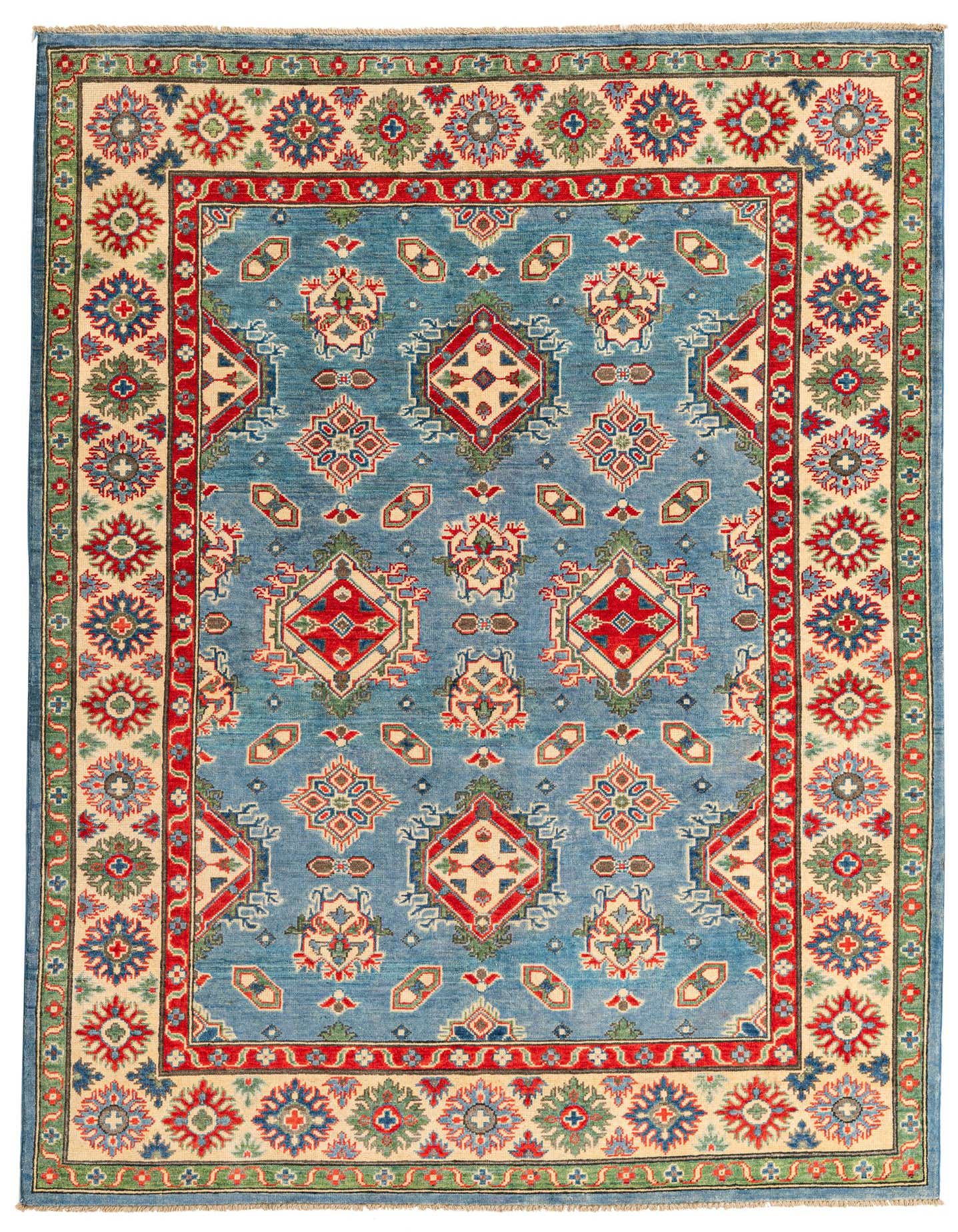 A 6x9 rectangular light blue traditional rug with red, green, and cream Southwestern and Oriental patterns.