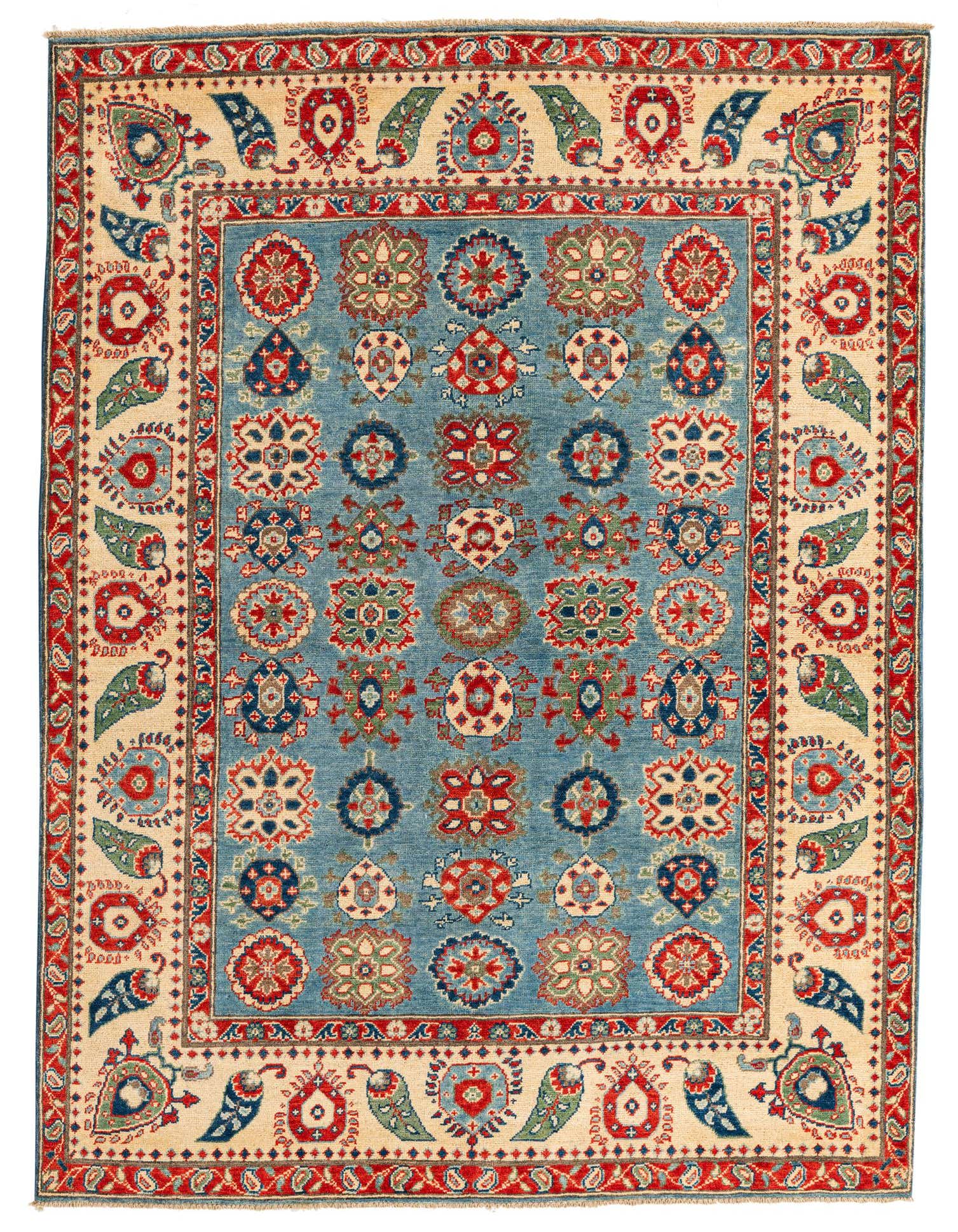 A 6x9 rectangular light blue traditional rug with intricate red, blue, and green floral and geometric patterns, framed by a cream and red border.