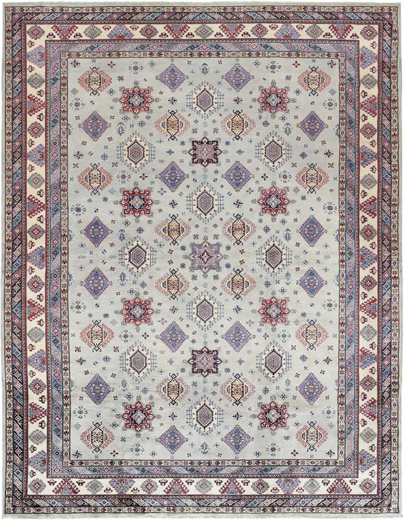 A large 13x18 rectangular light blue modern oriental rug with a repeating pattern of intricate geometric diamonds and stars in shades of blue, red, and cream, framed by a multi-layered border.