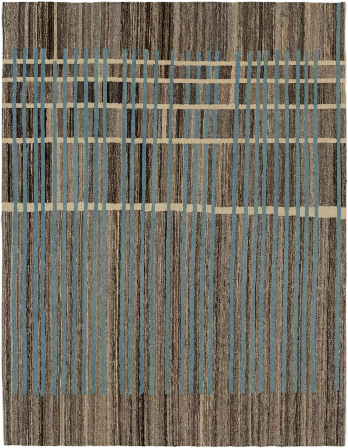 A 6x9 rectangular Kilim Modern wool rug featuring vertical blue stripes over a textured brown and beige striped background, with horizontal beige lines intersecting some blue stripes.