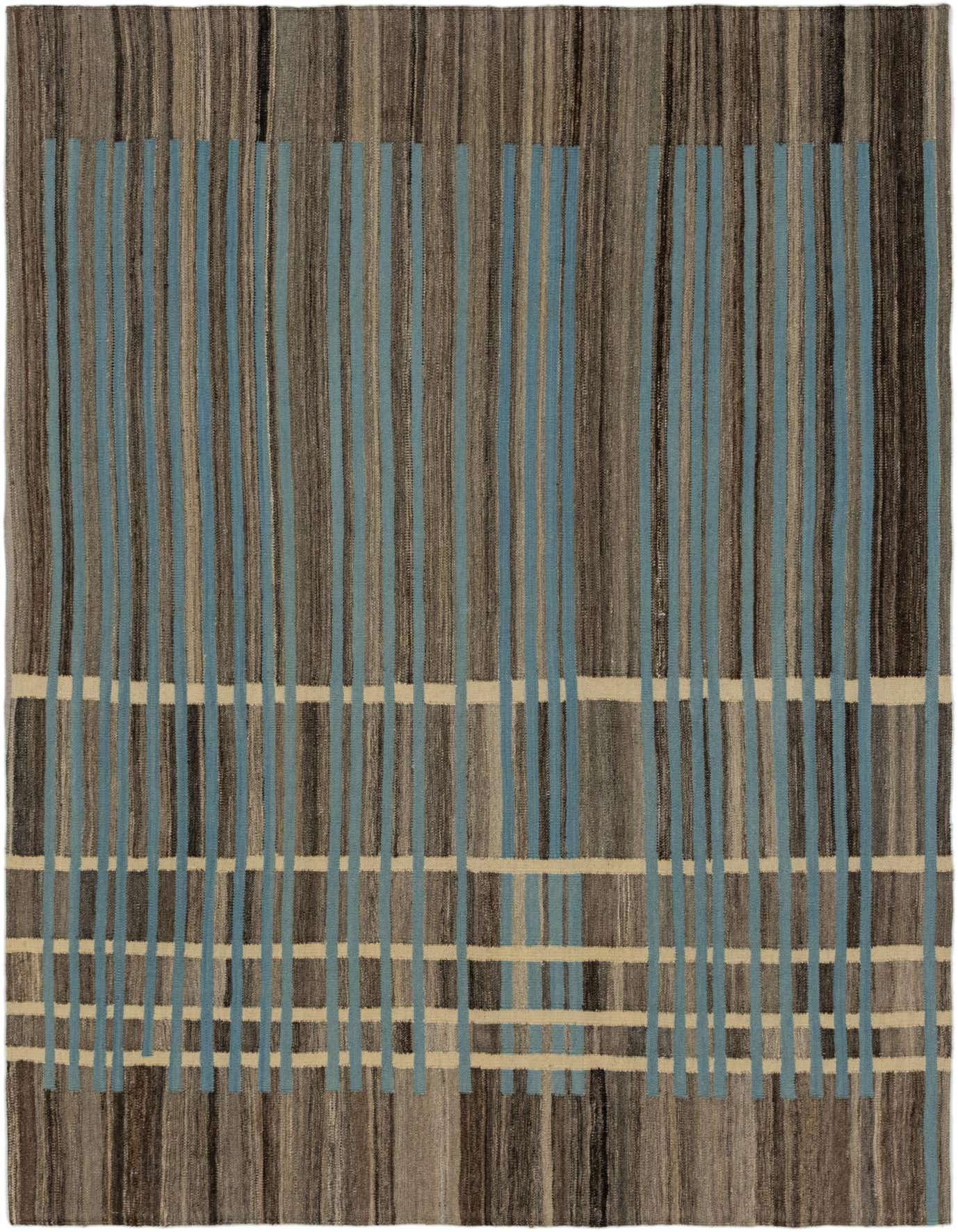 A 6x9 rectangular Kilim Modern wool rug featuring vertical blue and beige stripes over a variegated brown and grey background.