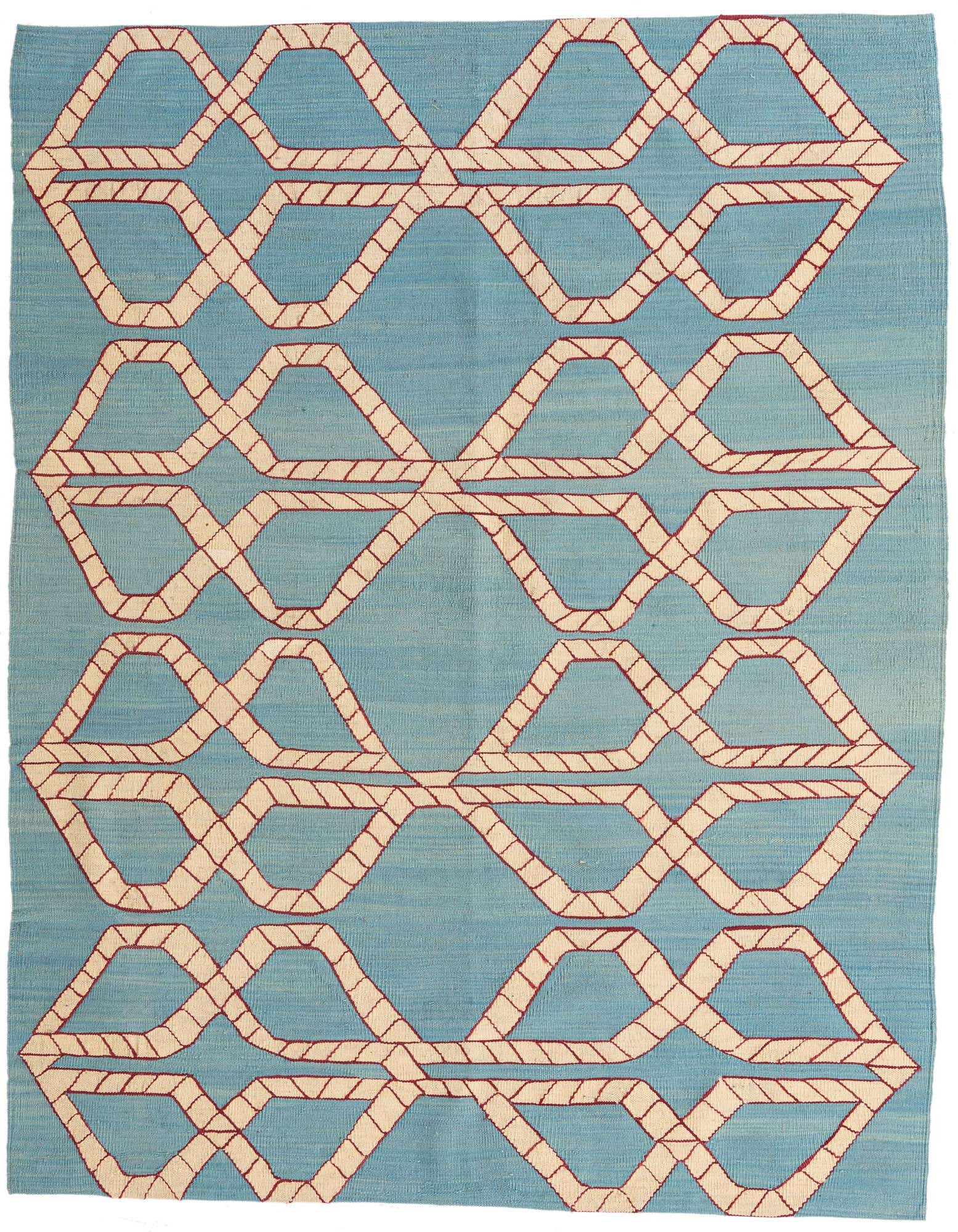 A 5x8 rectangular light blue flatweave rug with a repeating cream and red tribal geometric pattern.
