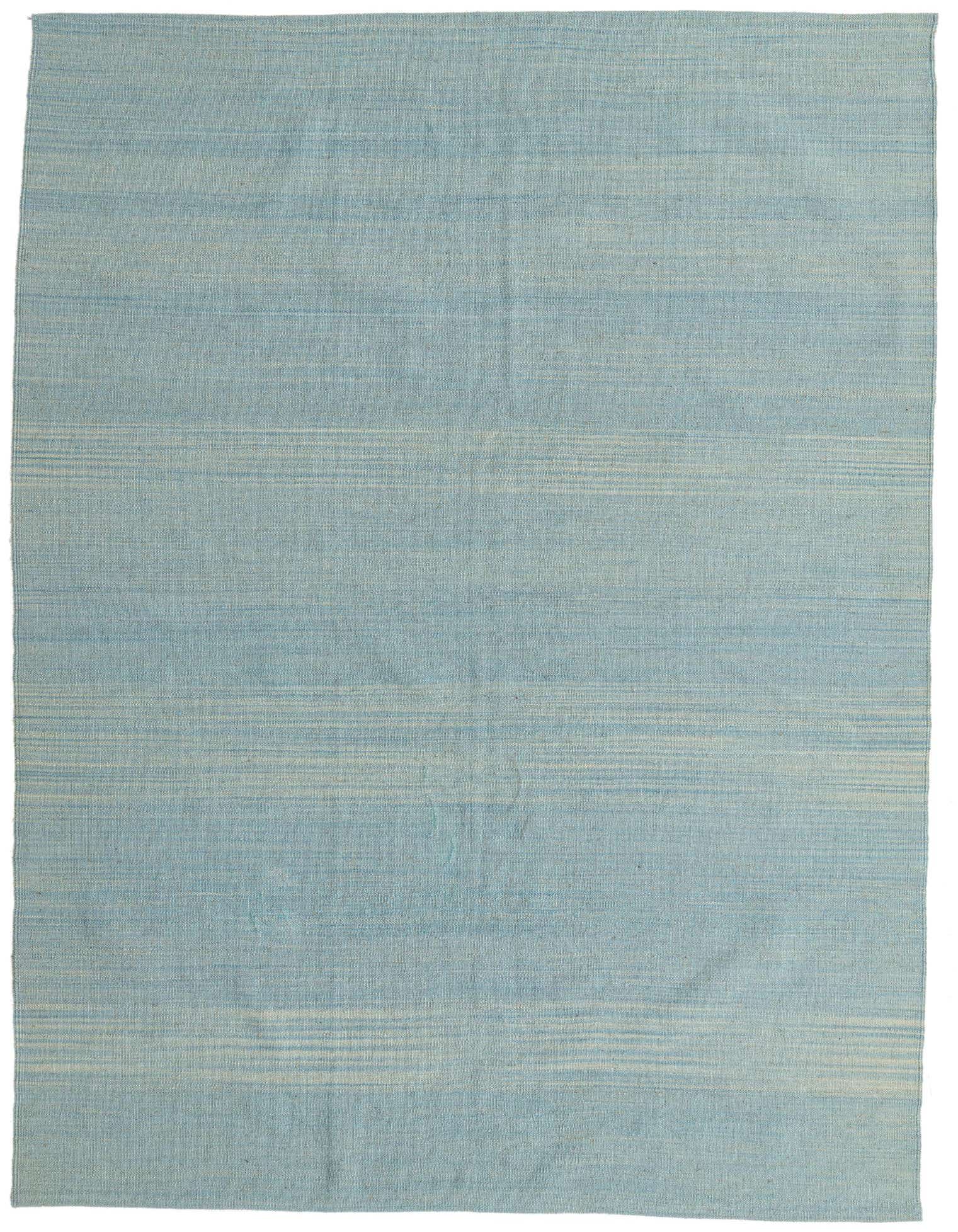 A 5x8 rectangular light blue flatweave wool rug with subtle horizontal light blue and off-white stripes.
