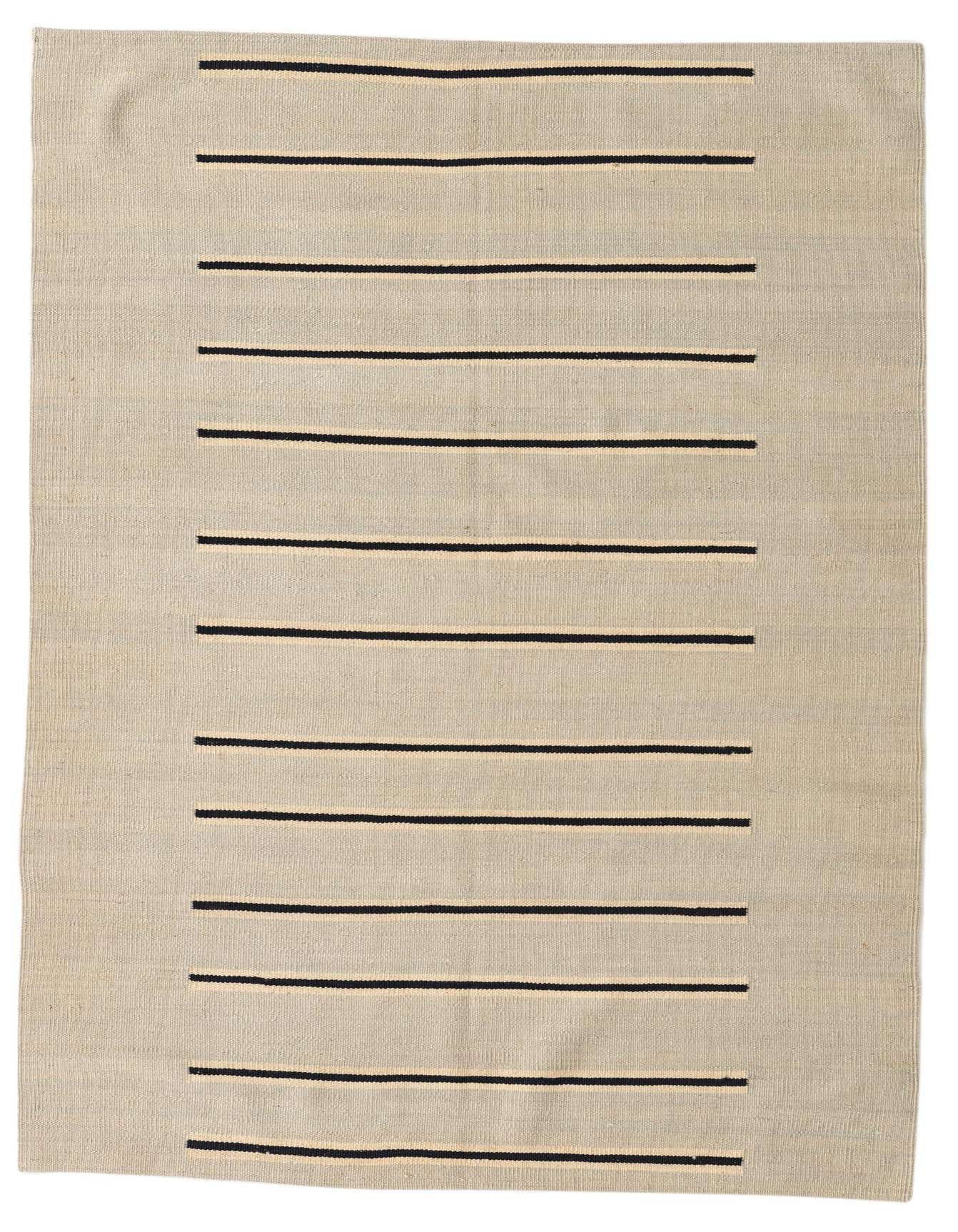 A 4x6 rectangular Kilim Modern wool rug in light blue with horizontal black and cream stripes, suitable for various indoor rooms.