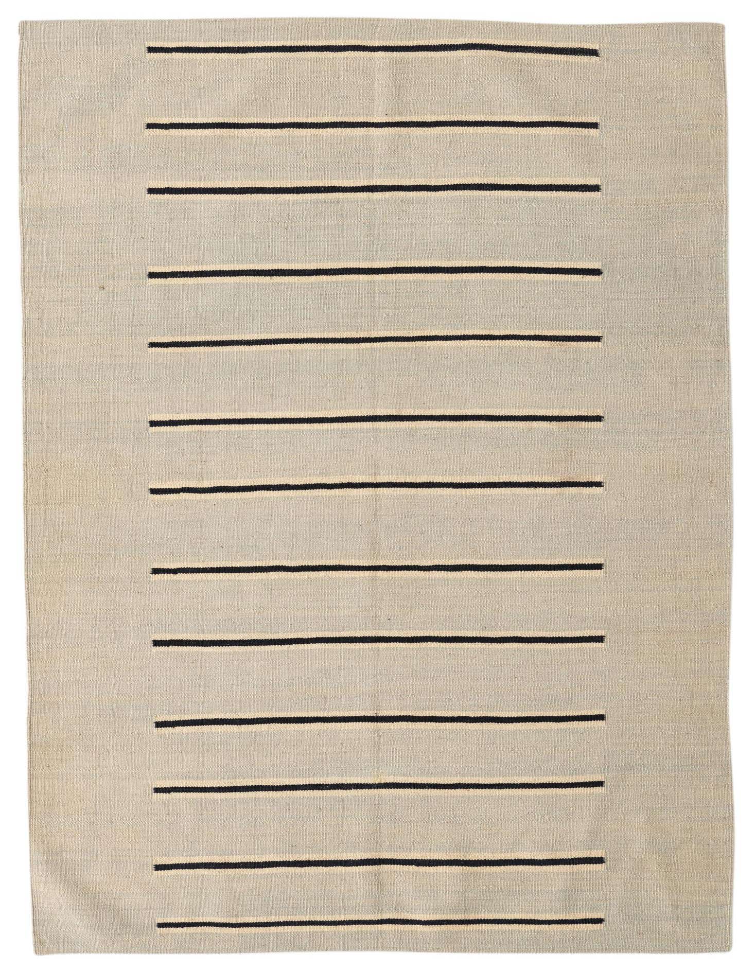 A 4x6 rectangular light blue flatweave rug with thin black horizontal stripes, ideal for a modern living room.