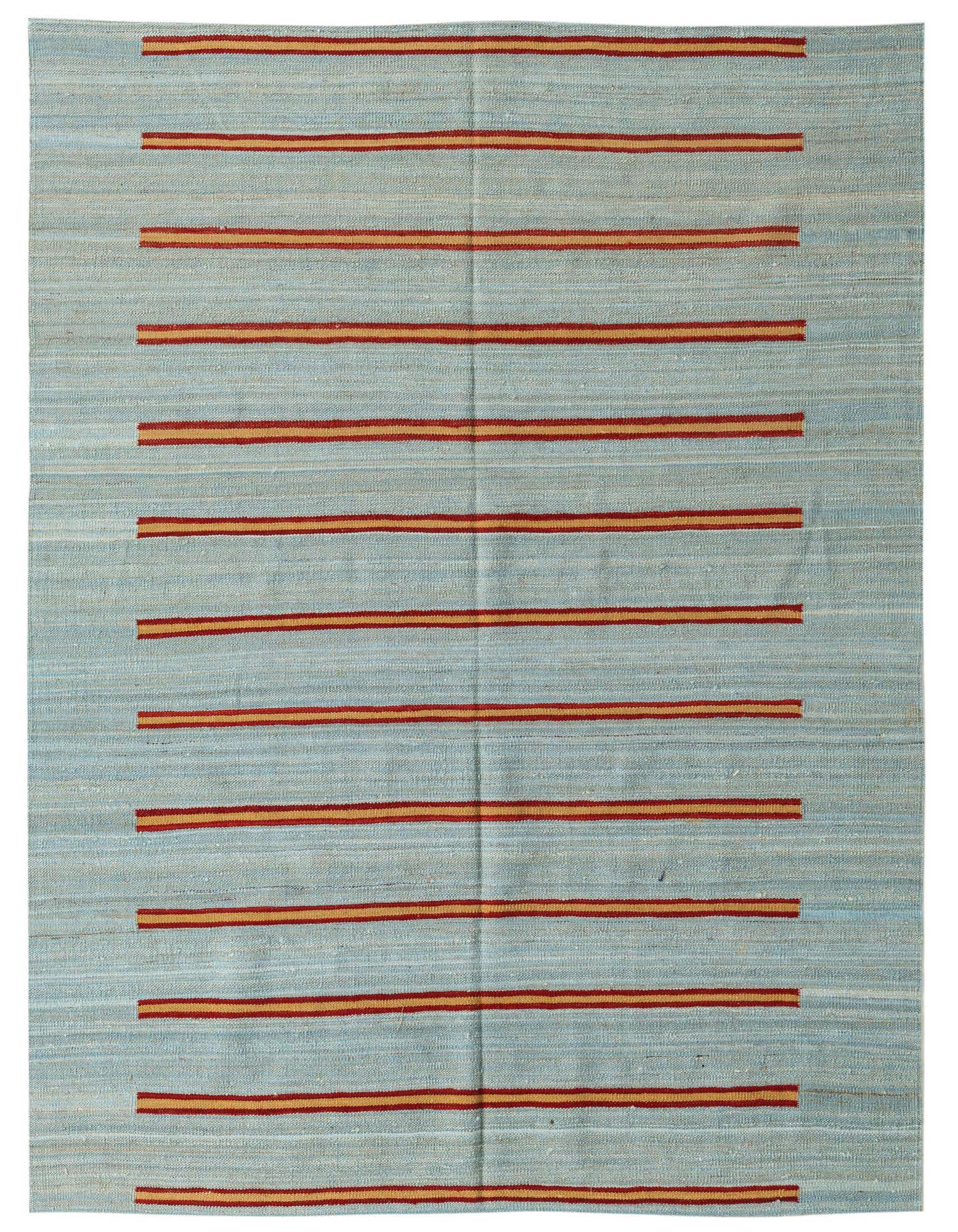 A 4x6 rectangular light blue flatweave wool rug with horizontal red and gold tribal stripe accents.