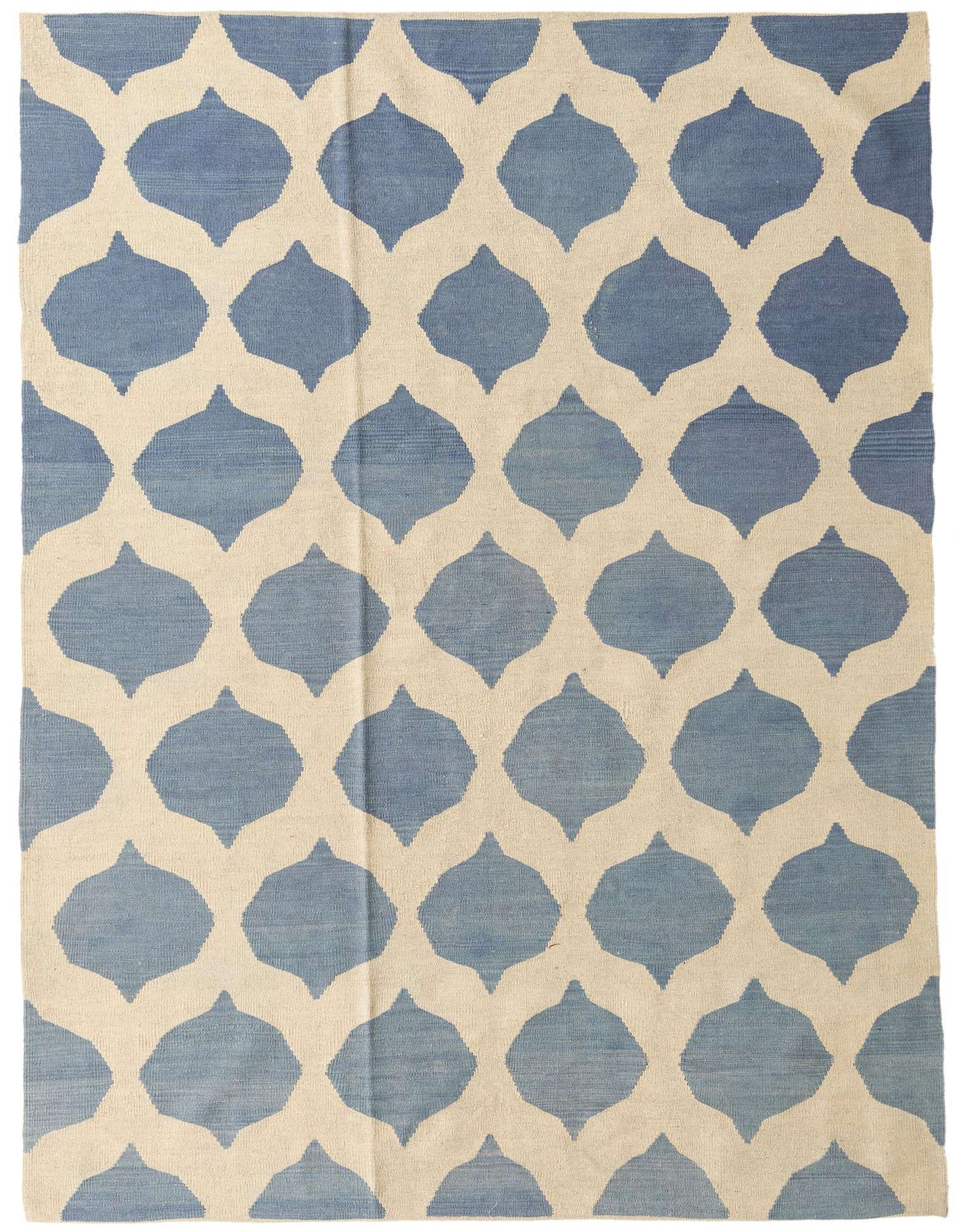 A 5x8 rectangular Kilim Modern wool rug from Rugs.com, featuring a light blue and cream tribal pattern.