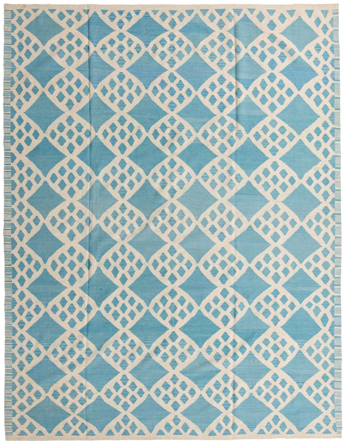 A 9x12 rectangular Kilim Modern rug with a light blue background and a repeating white tribal diamond pattern.