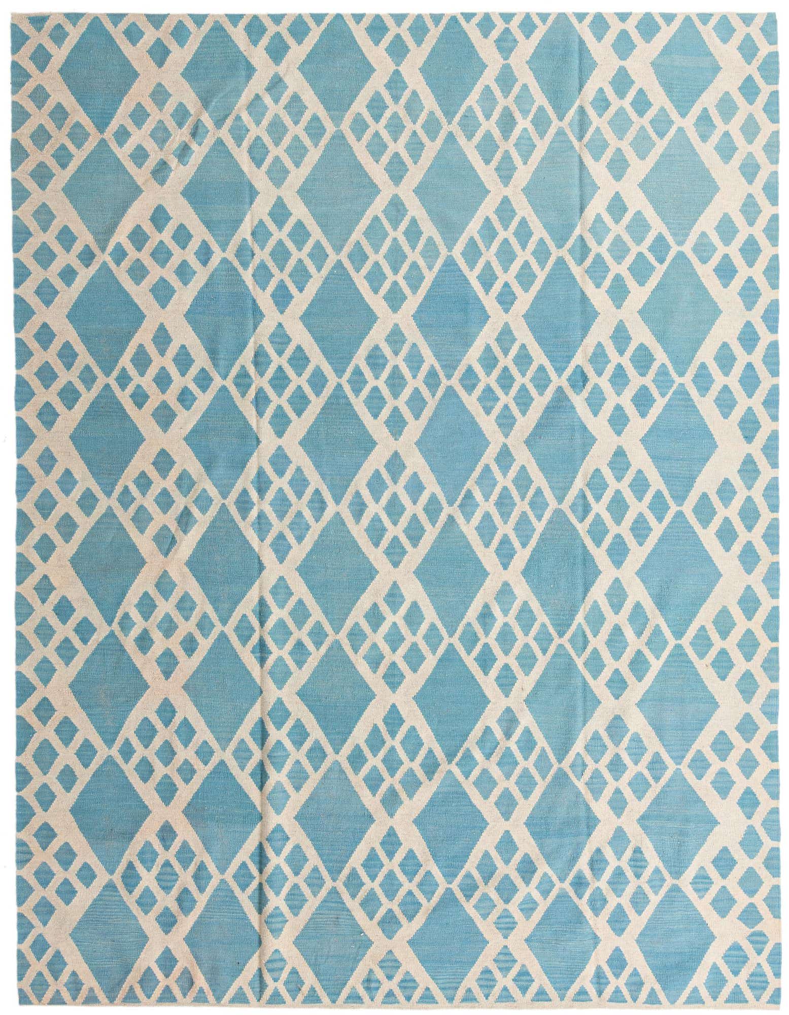An 8x10 rectangular light blue and off-white flatweave wool rug with a modern tribal diamond pattern.
