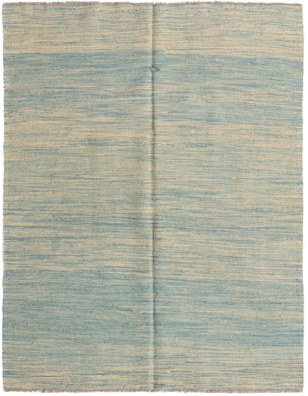 A 4x6 rectangular flatweave rug featuring horizontal stripes of varying light blues and natural beige, with fringed edges.