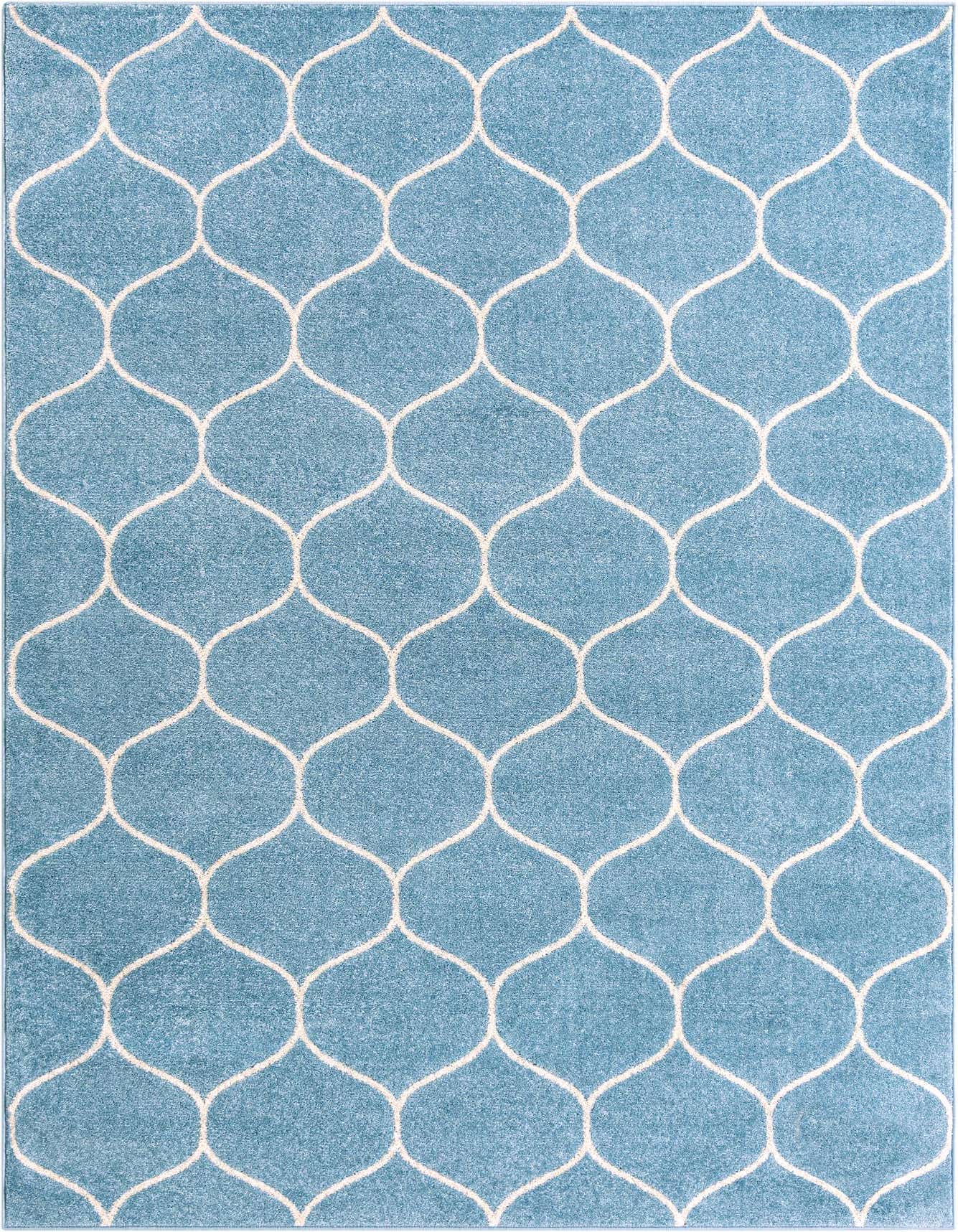 A 6x9 rectangular light blue rug with a modern white trellis pattern, suitable for a living room.